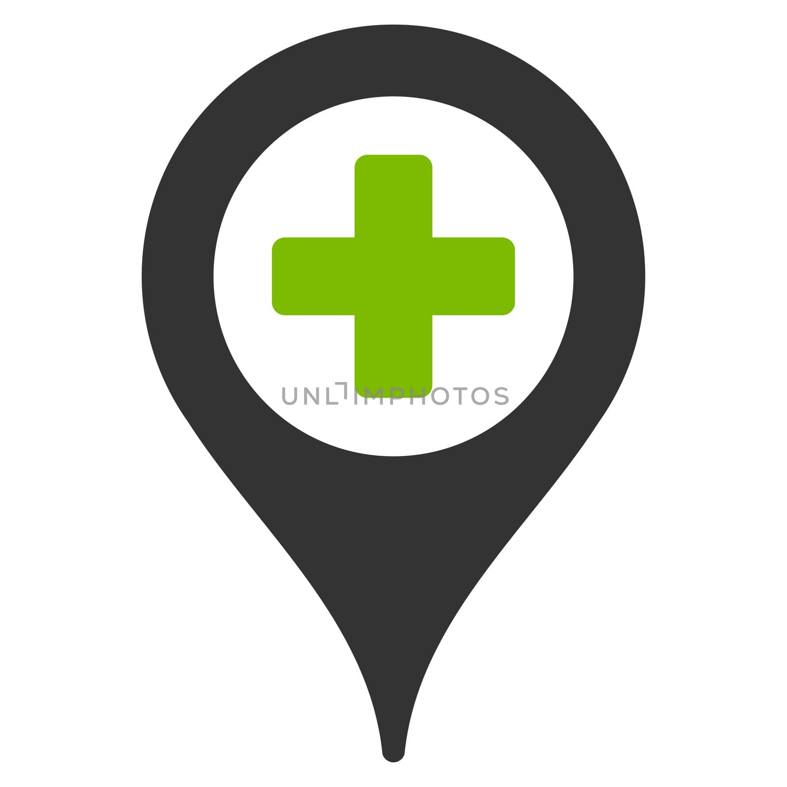 Clinic Pointer raster icon. Style is bicolor flat symbol, eco green and gray colors, rounded angles, white background.