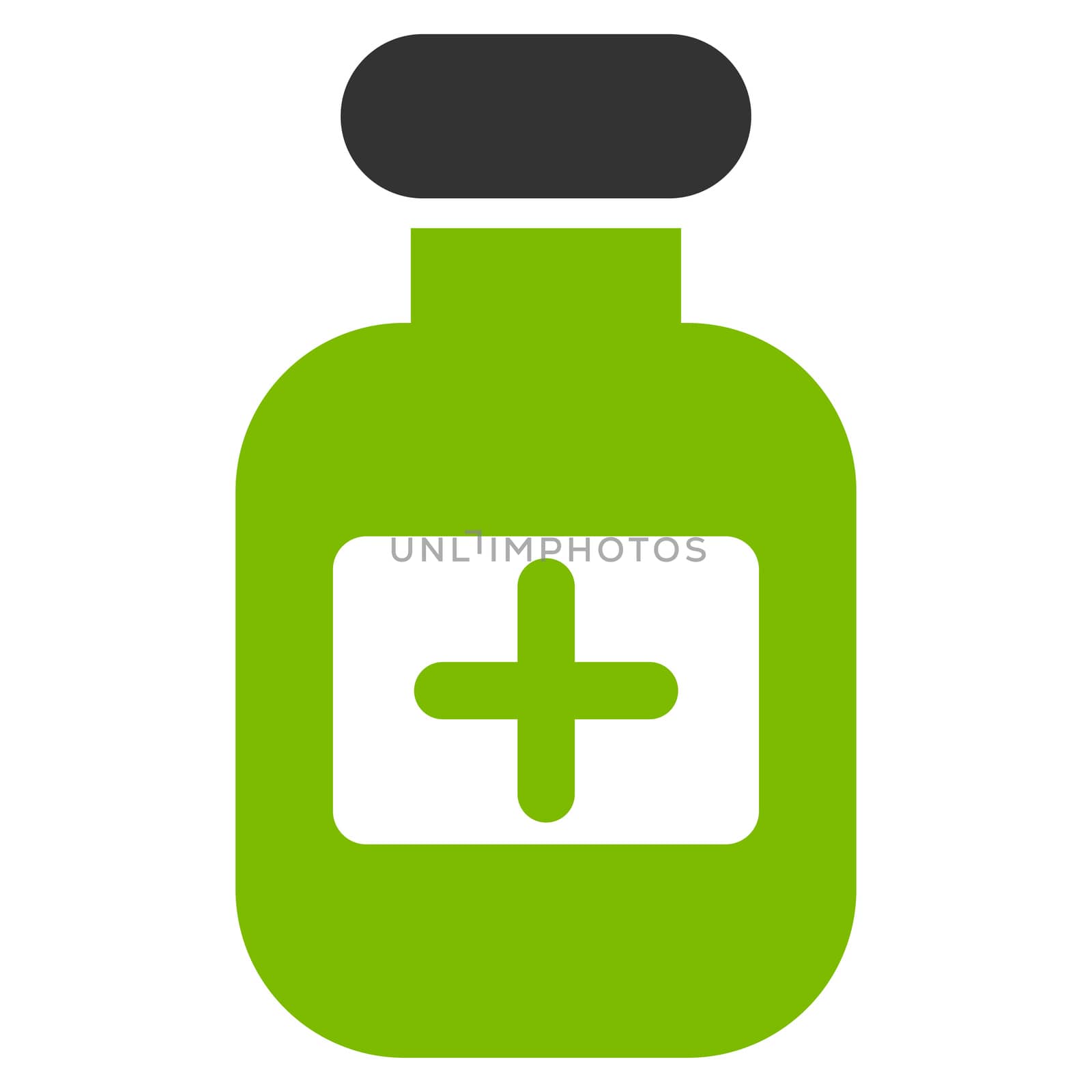 Drugs Bottle raster icon. Style is bicolor flat symbol, eco green and gray colors, rounded angles, white background.