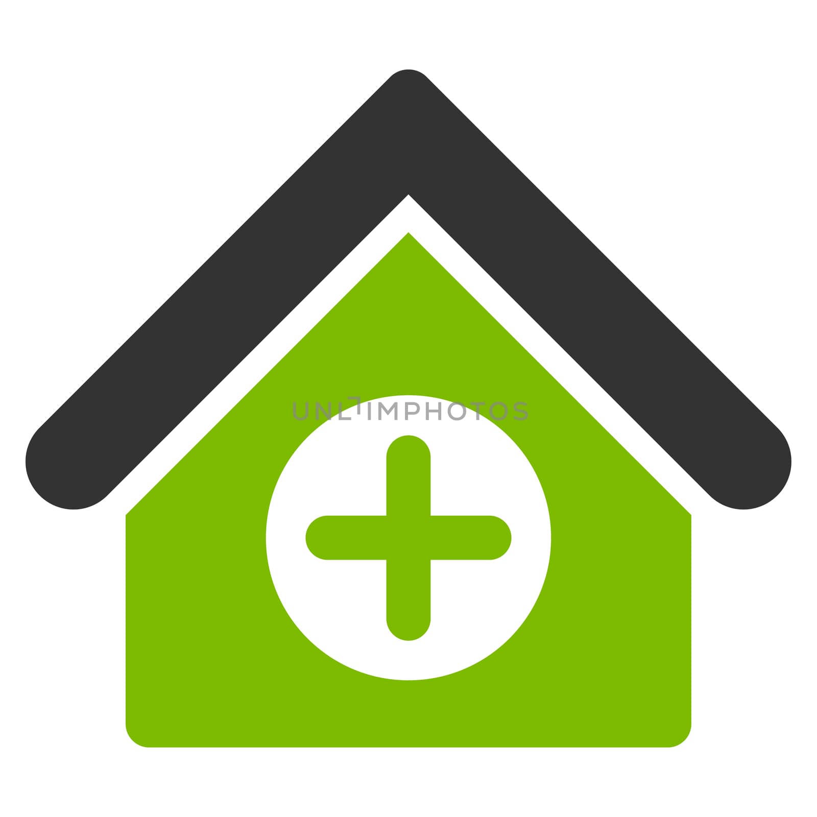 Hospital raster icon. Style is bicolor flat symbol, eco green and gray colors, rounded angles, white background.