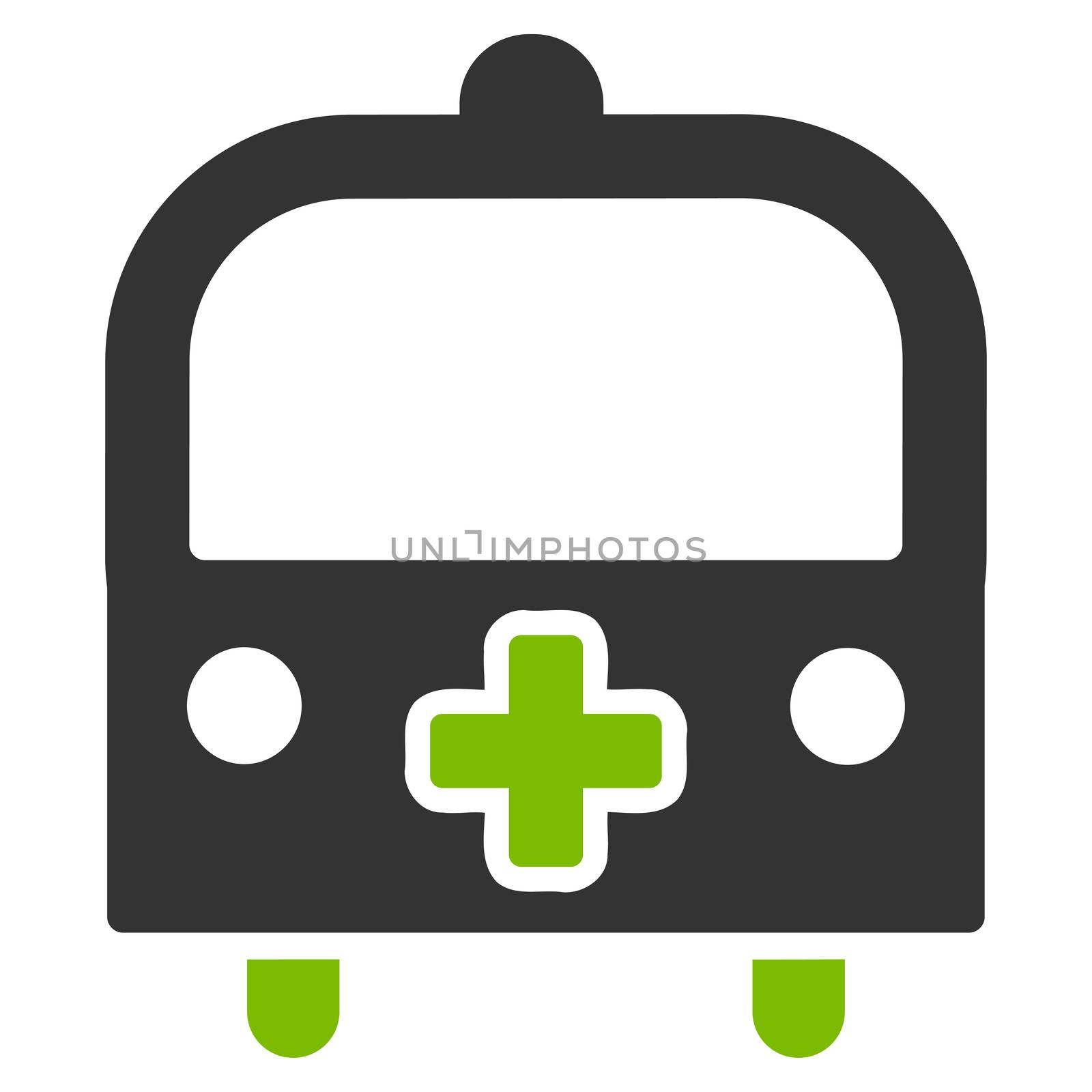 Medical Bus raster icon. Style is bicolor flat symbol, eco green and gray colors, rounded angles, white background.