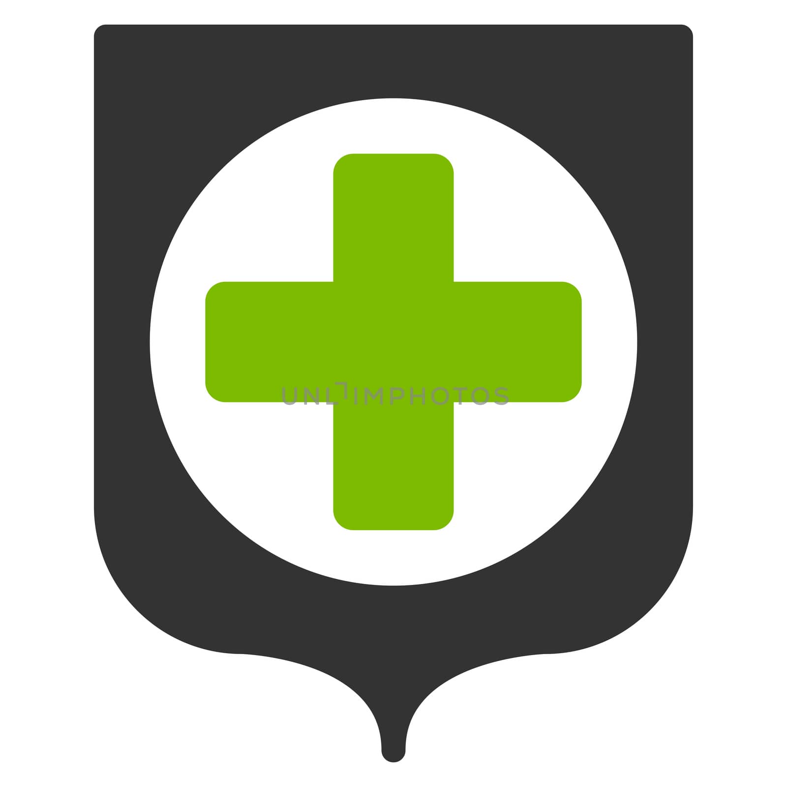 Medical Shield raster icon. Style is bicolor flat symbol, eco green and gray colors, rounded angles, white background.