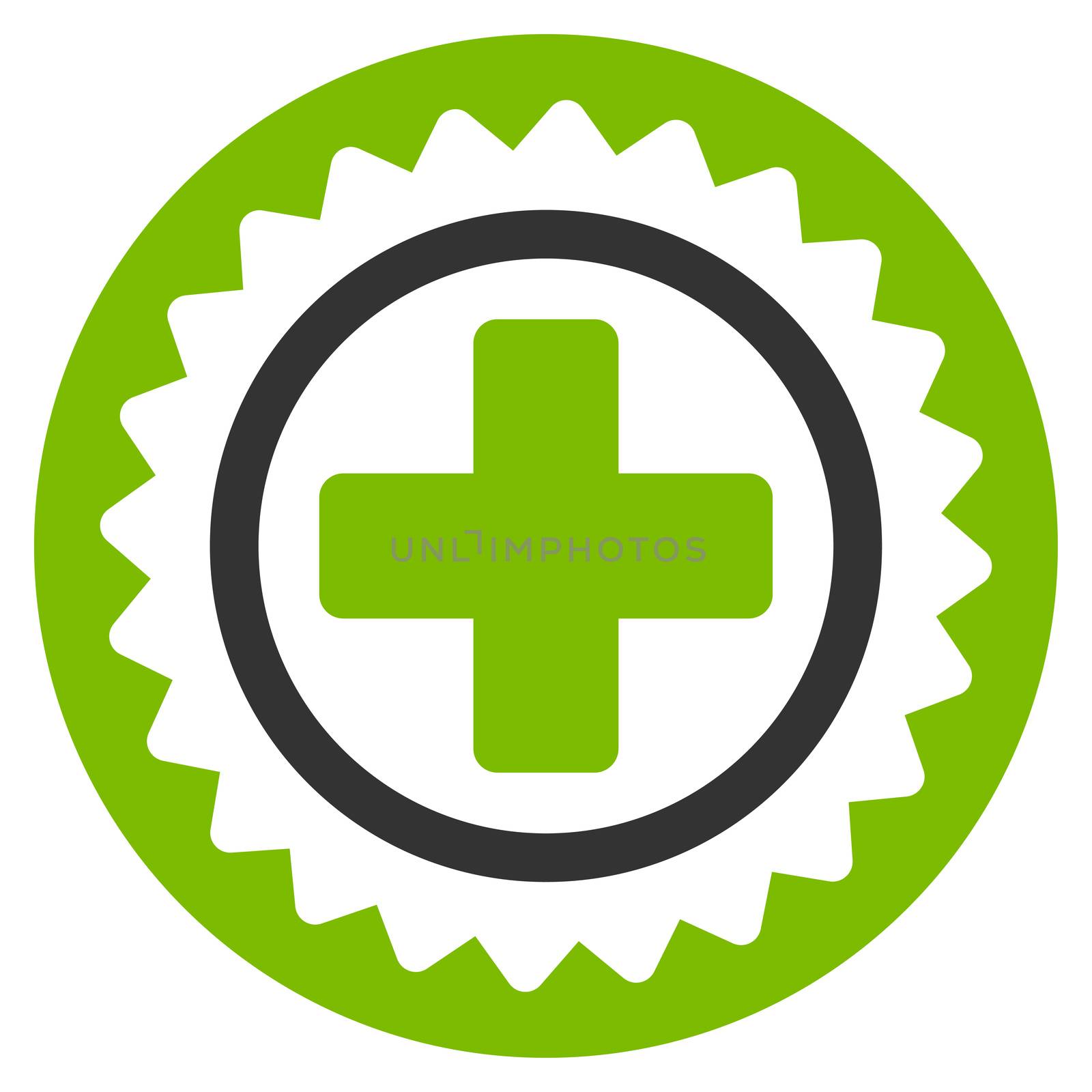 Medical Stamp raster icon. Style is bicolor flat symbol, eco green and gray colors, rounded angles, white background.
