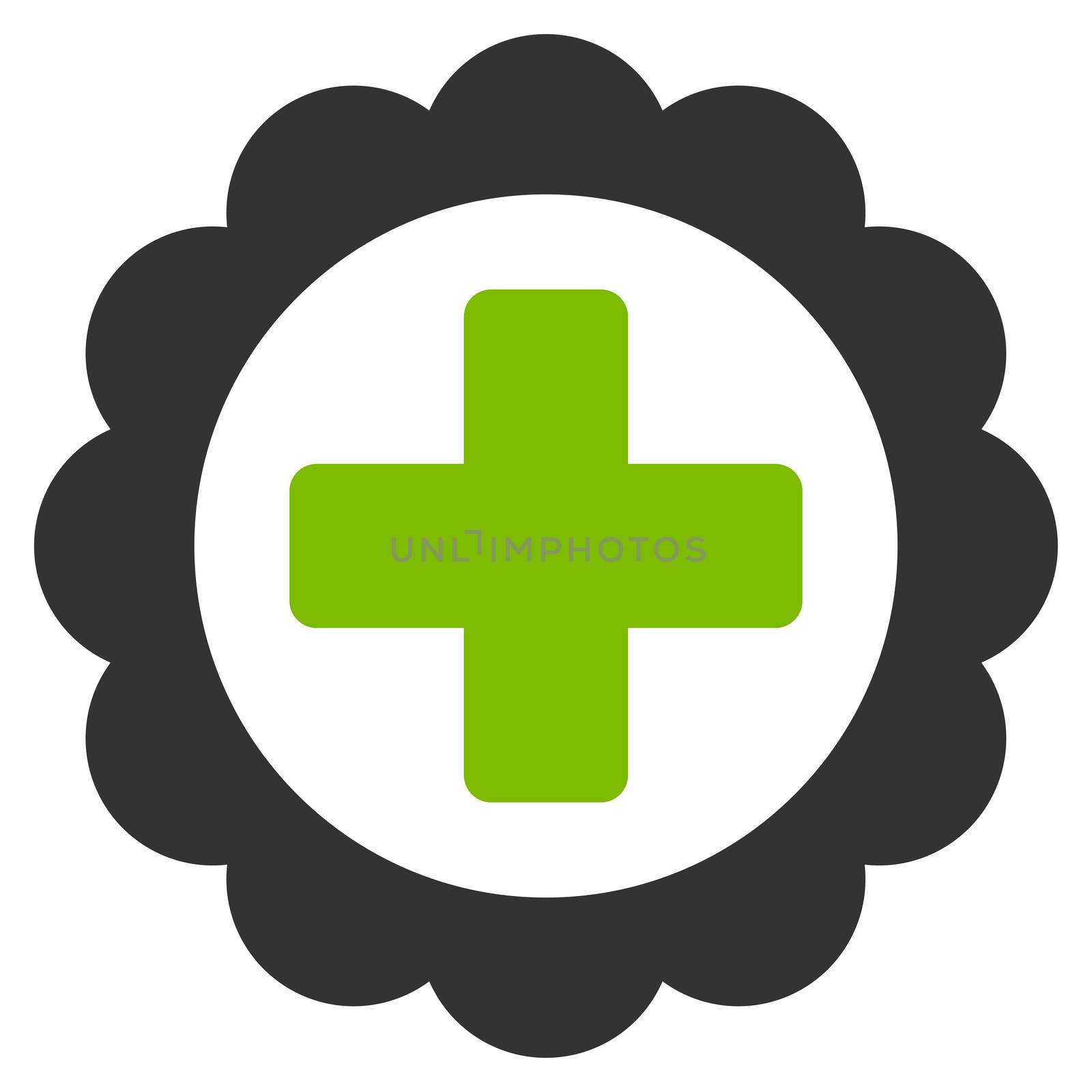 Medical Sticker raster icon. Style is bicolor flat symbol, eco green and gray colors, rounded angles, white background.