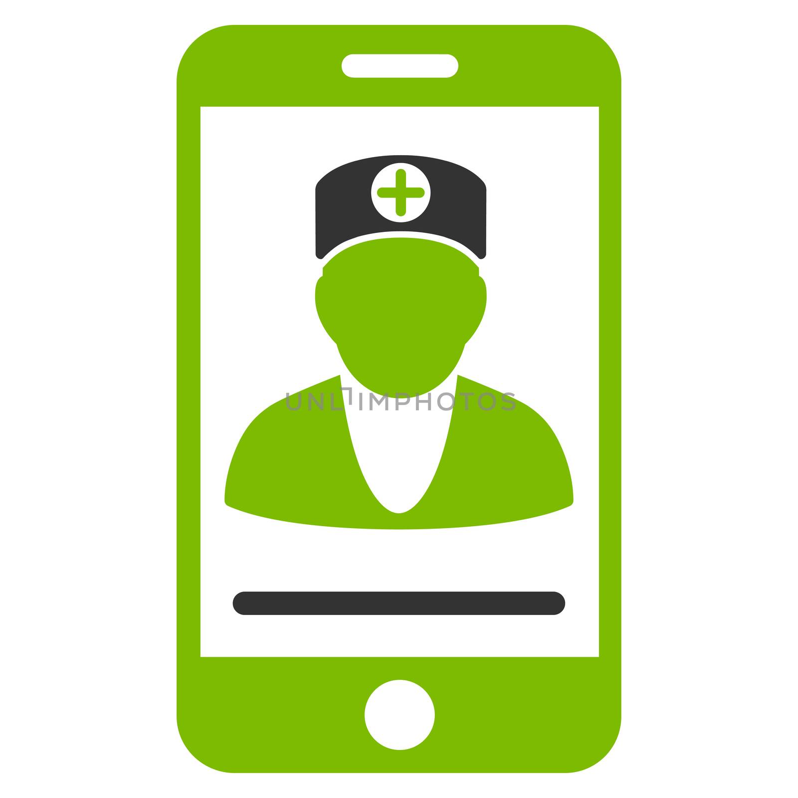 Online Doctor raster icon. Style is bicolor flat symbol, eco green and gray colors, rounded angles, white background.