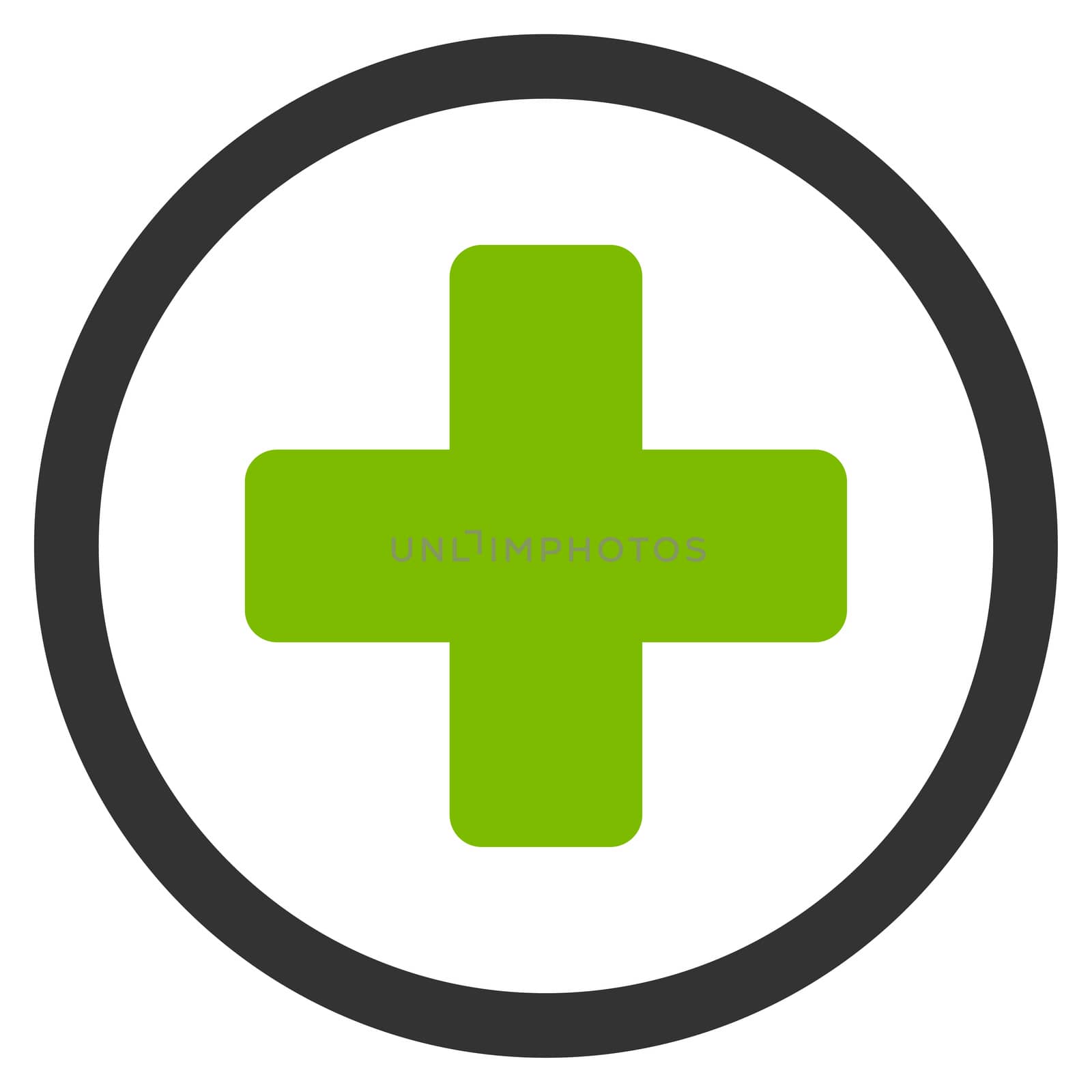 Rounded Plus raster icon. Style is bicolor flat symbol, eco green and gray colors, rounded angles, white background.