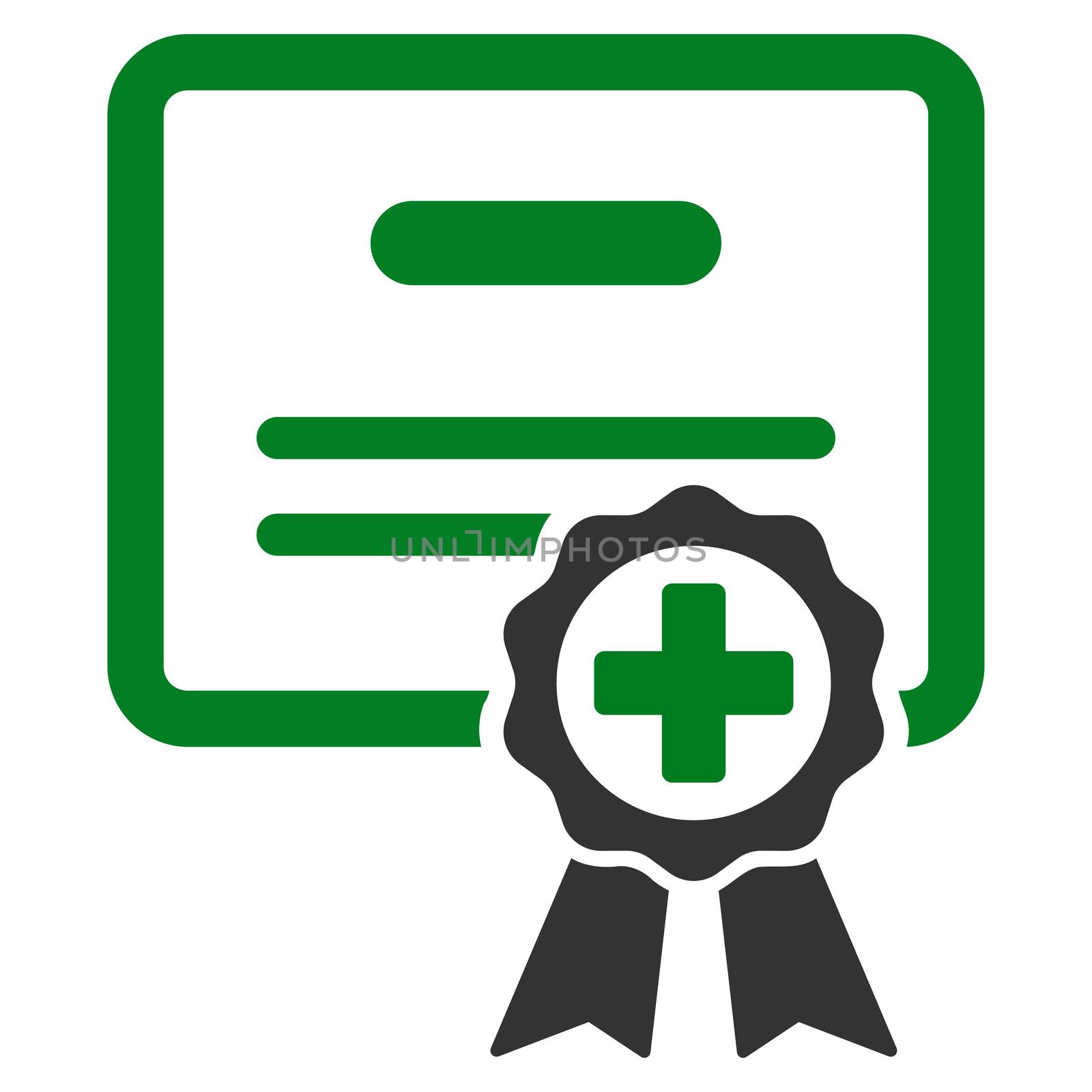 Certification raster icon. Style is bicolor flat symbol, green and gray colors, rounded angles, white background.