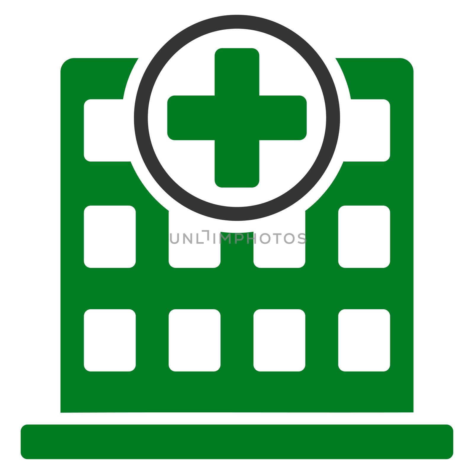Clinic Building raster icon. Style is bicolor flat symbol, green and gray colors, rounded angles, white background.