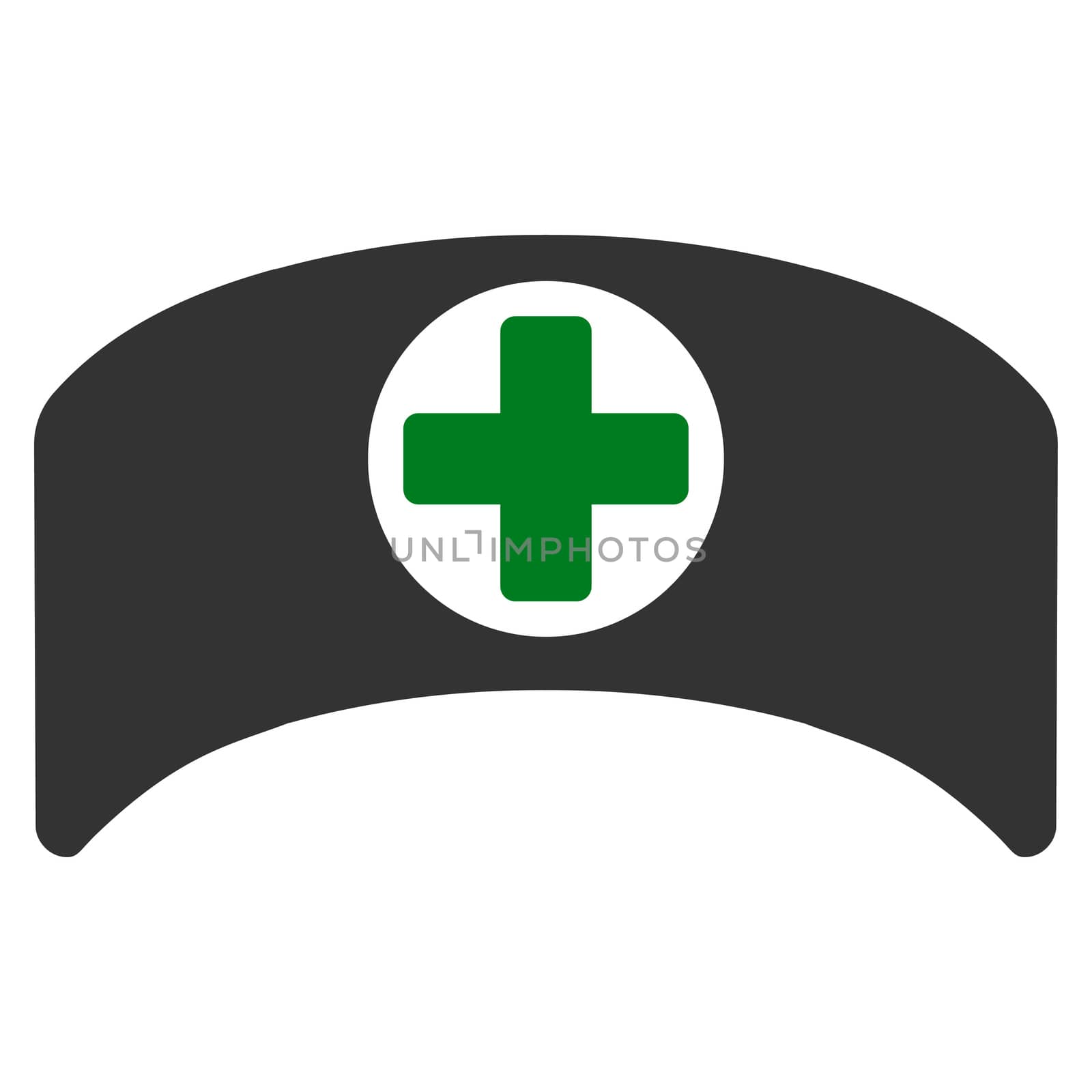 Doctor Cap raster icon. Style is bicolor flat symbol, green and gray colors, rounded angles, white background.