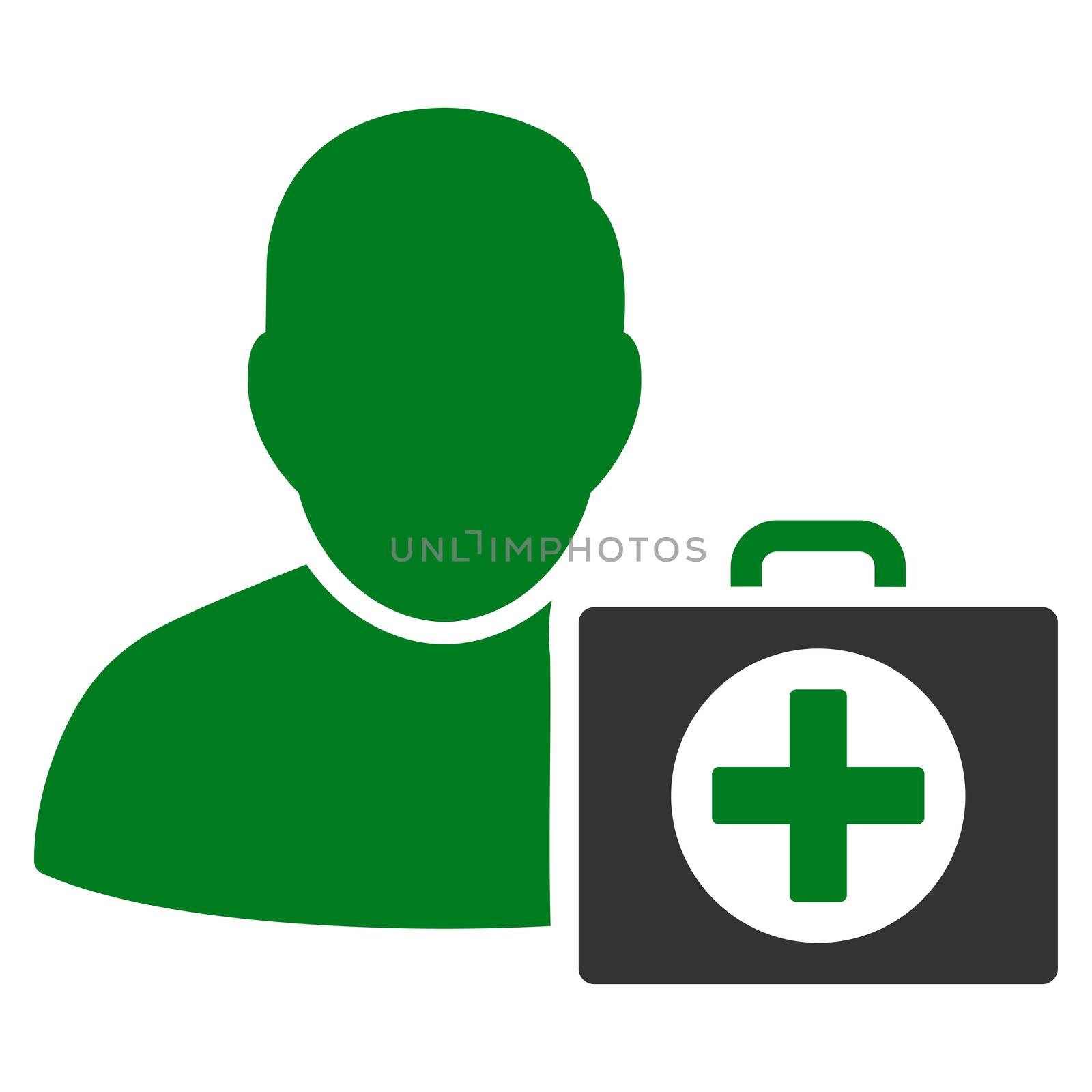 First Aid Man raster icon. Style is bicolor flat symbol, green and gray colors, rounded angles, white background.
