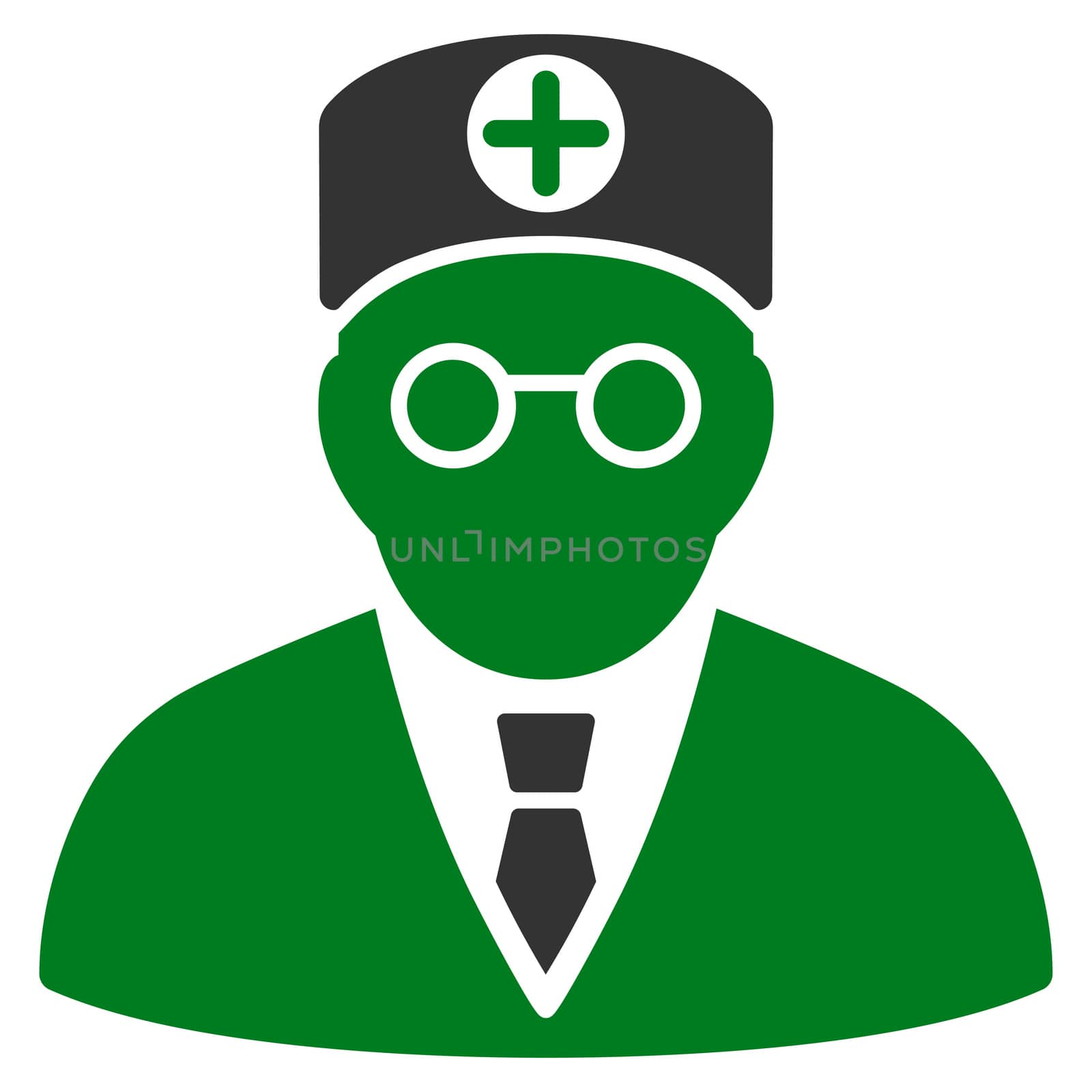 Head Physician raster icon. Style is bicolor flat symbol, green and gray colors, rounded angles, white background.