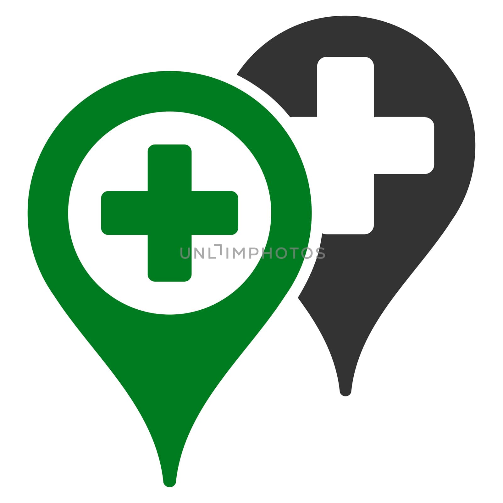 Hospital Map Markers raster icon. Style is bicolor flat symbol, green and gray colors, rounded angles, white background.