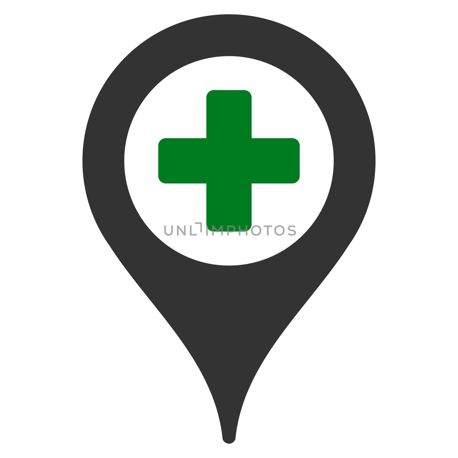 Hospital Map Pointer raster icon. Style is bicolor flat symbol, green and gray colors, rounded angles, white background.