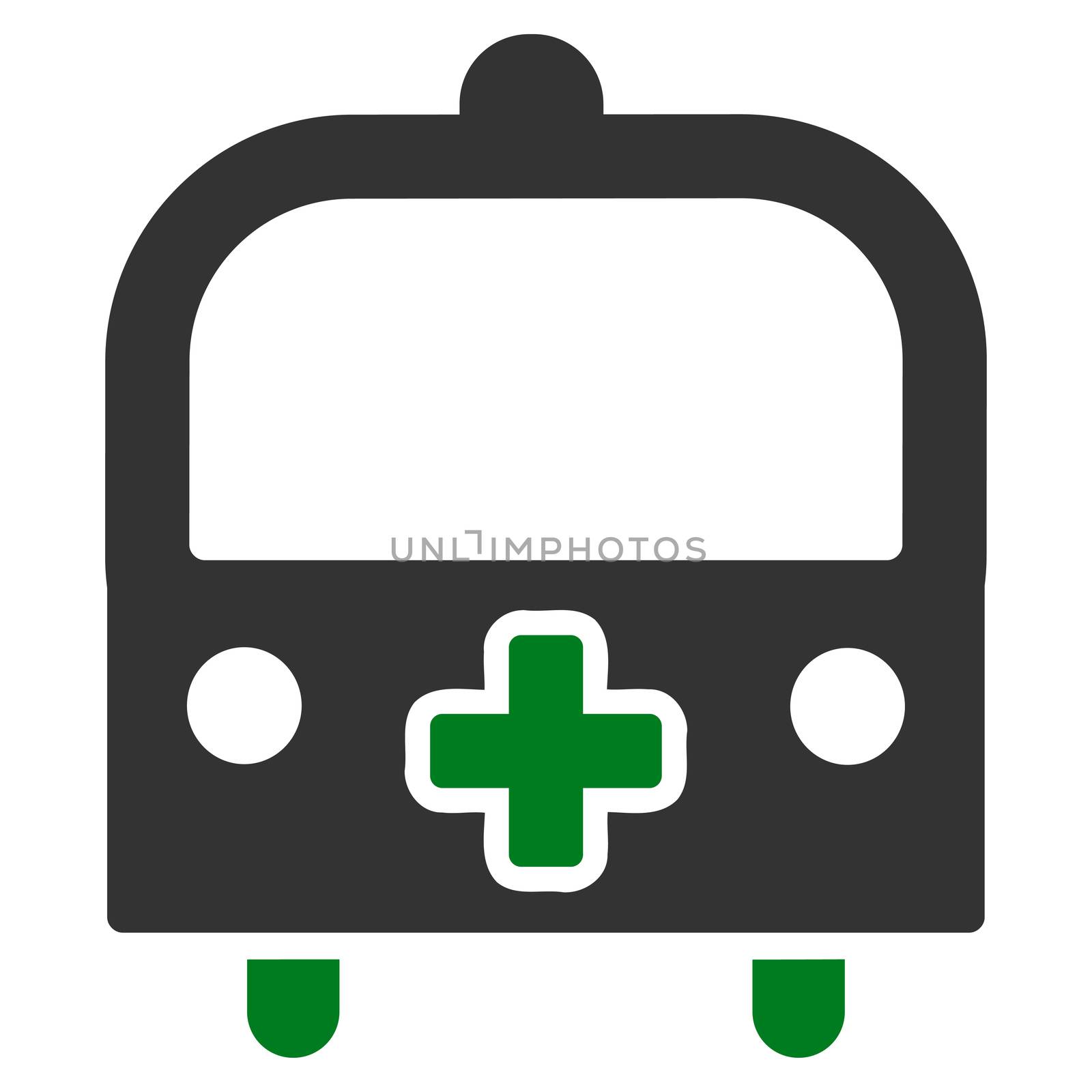 Medical Bus raster icon. Style is bicolor flat symbol, green and gray colors, rounded angles, white background.