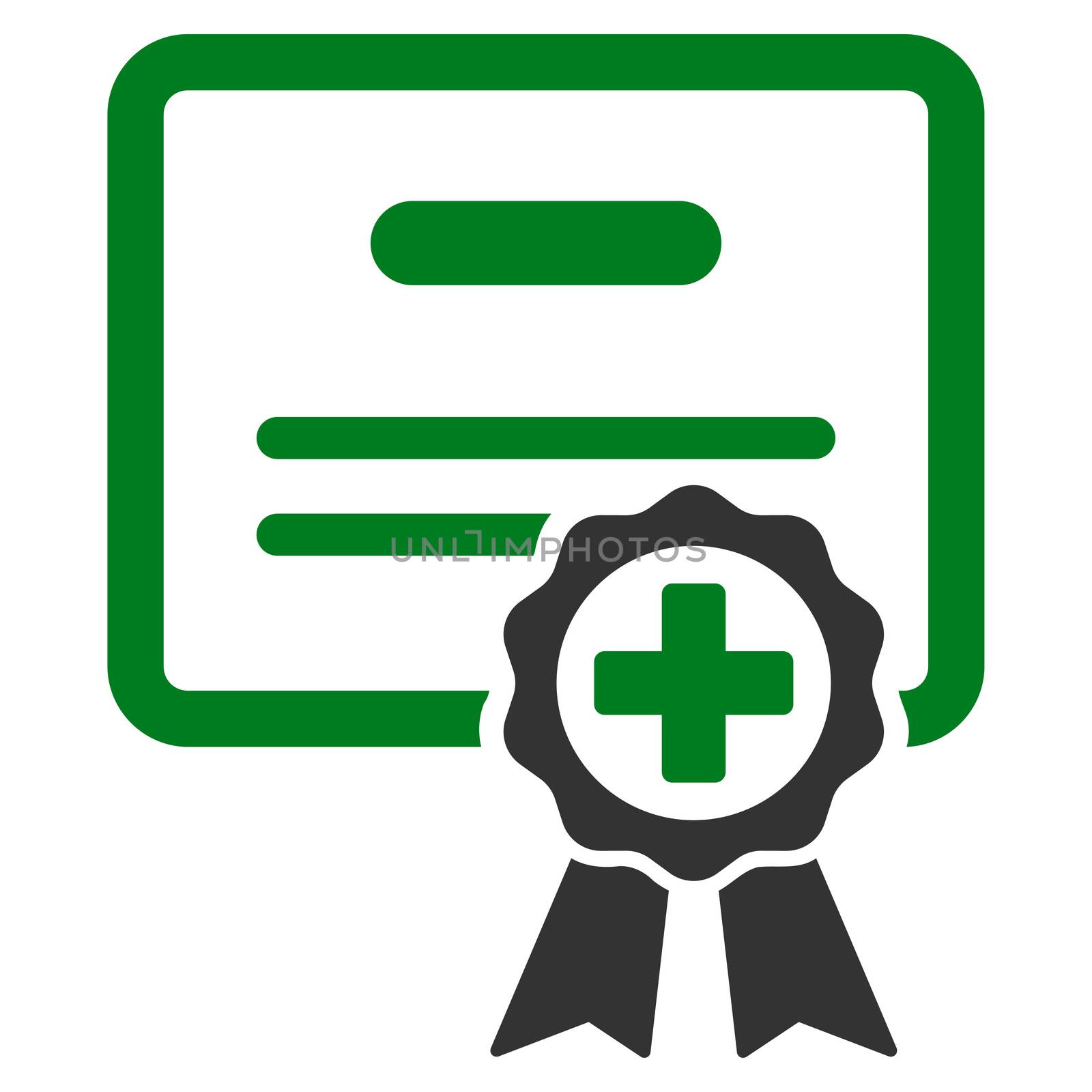 Medical Certificate raster icon. Style is bicolor flat symbol, green and gray colors, rounded angles, white background.