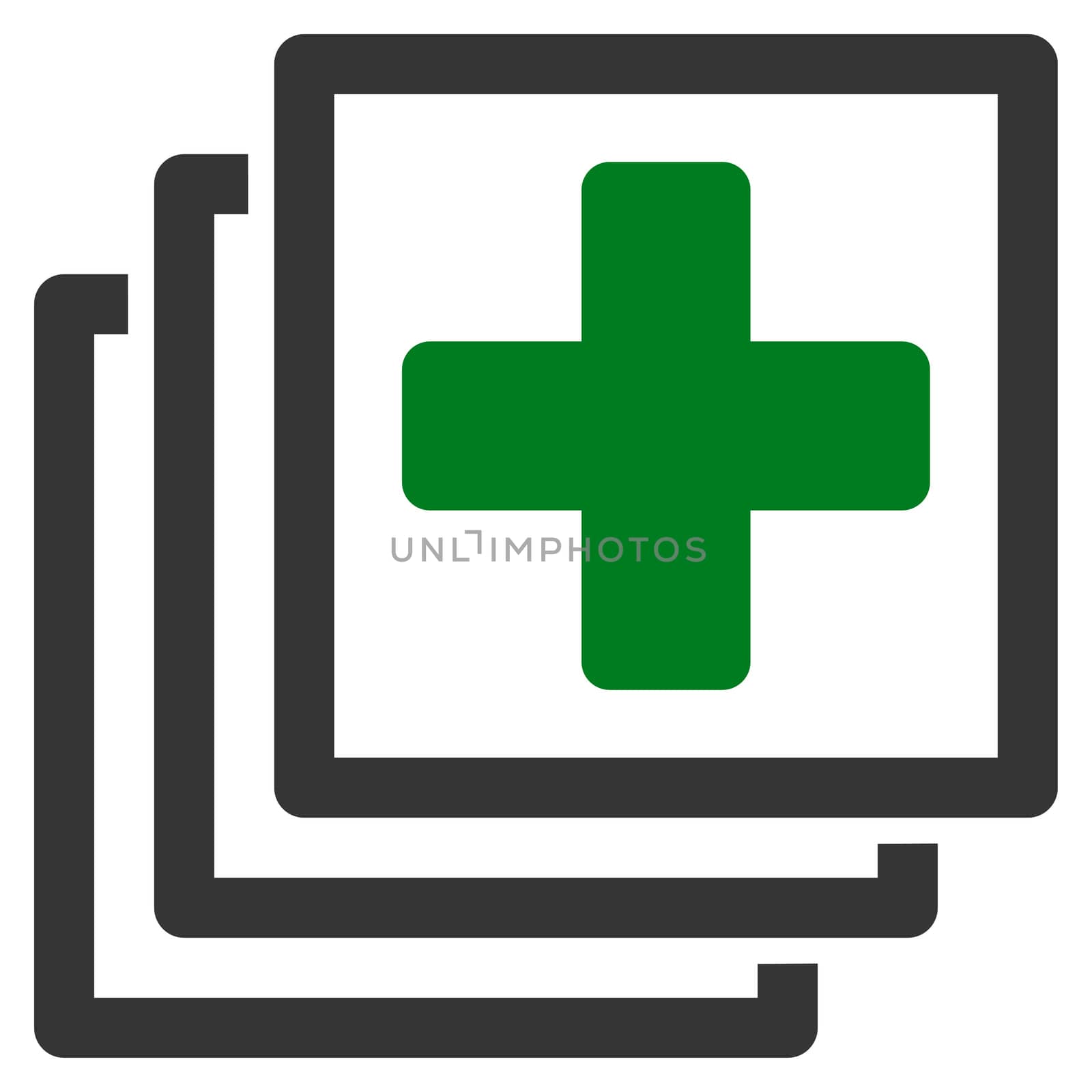 Medical Docs raster icon. Style is bicolor flat symbol, green and gray colors, rounded angles, white background.