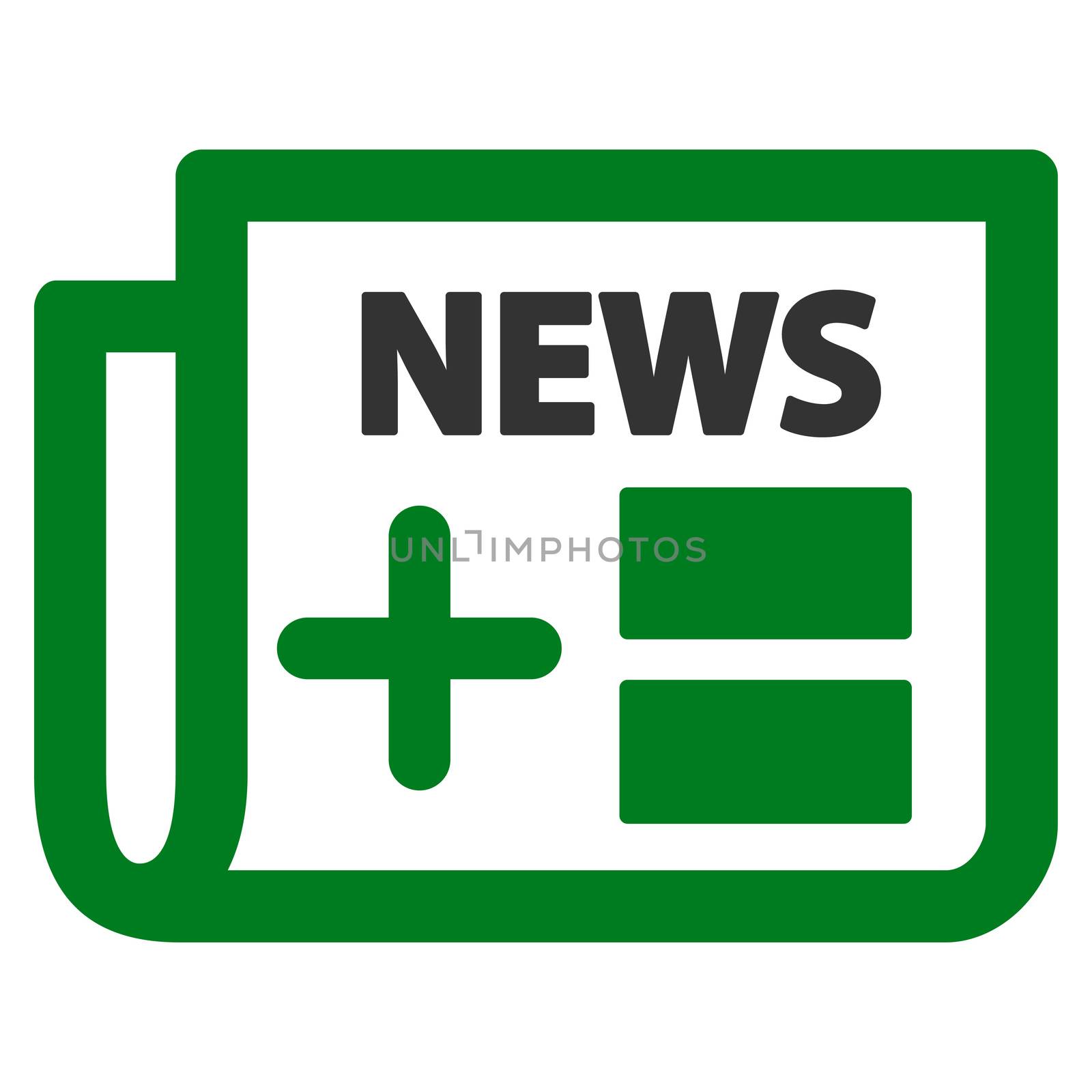 Medical Newspaper raster icon. Style is bicolor flat symbol, green and gray colors, rounded angles, white background.