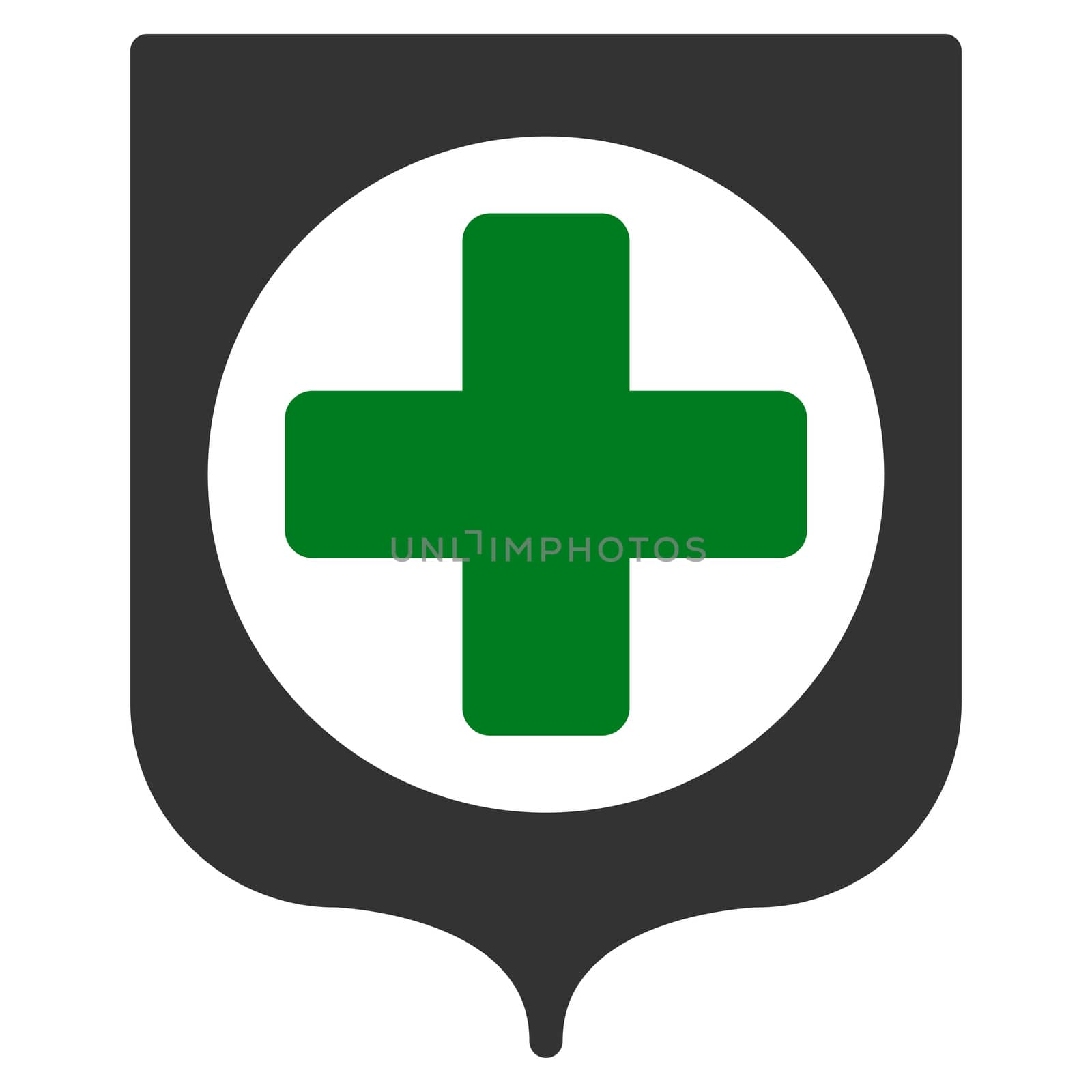 Medical Shield raster icon. Style is bicolor flat symbol, green and gray colors, rounded angles, white background.
