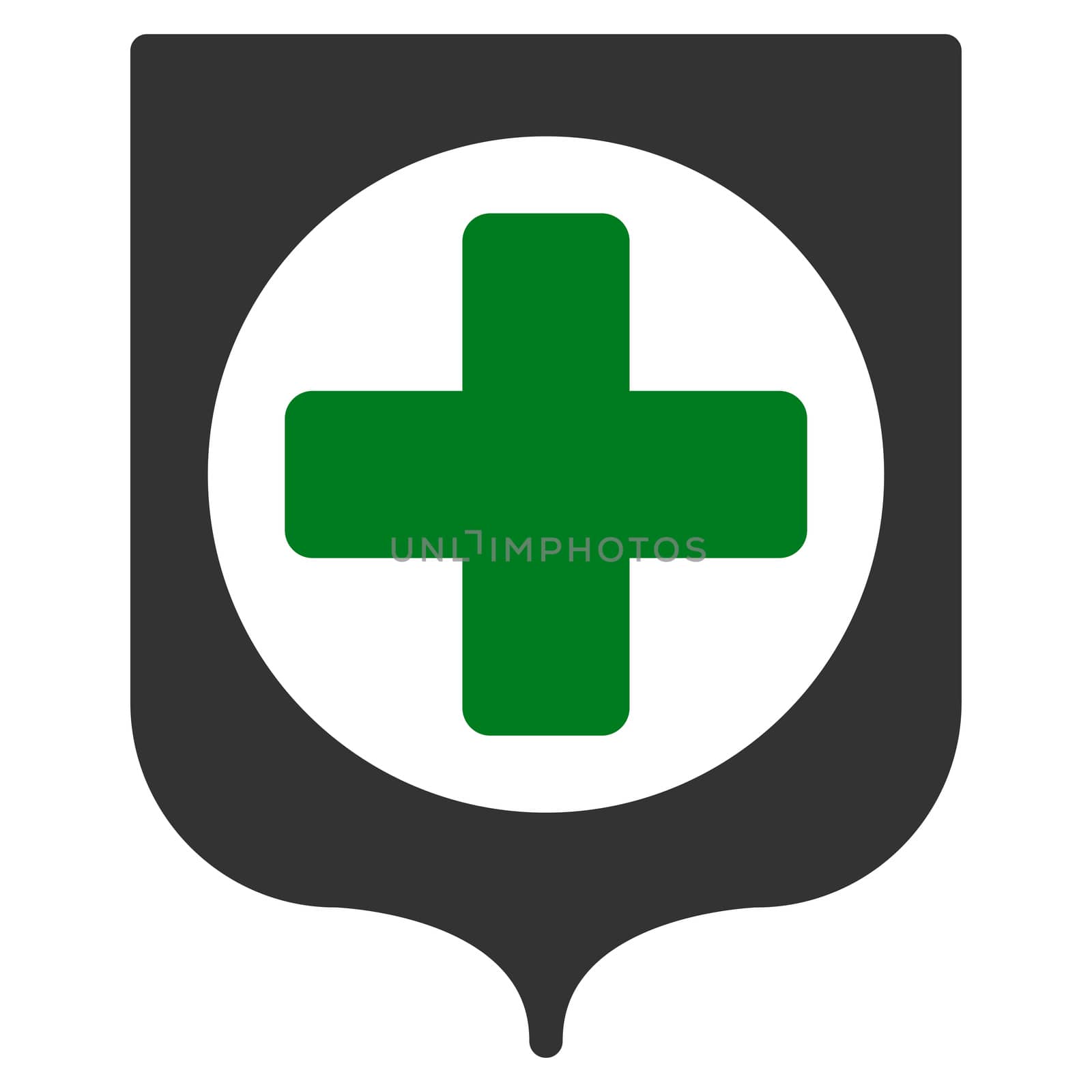 Medical Shield raster icon. Style is bicolor flat symbol, green and gray colors, rounded angles, white background.