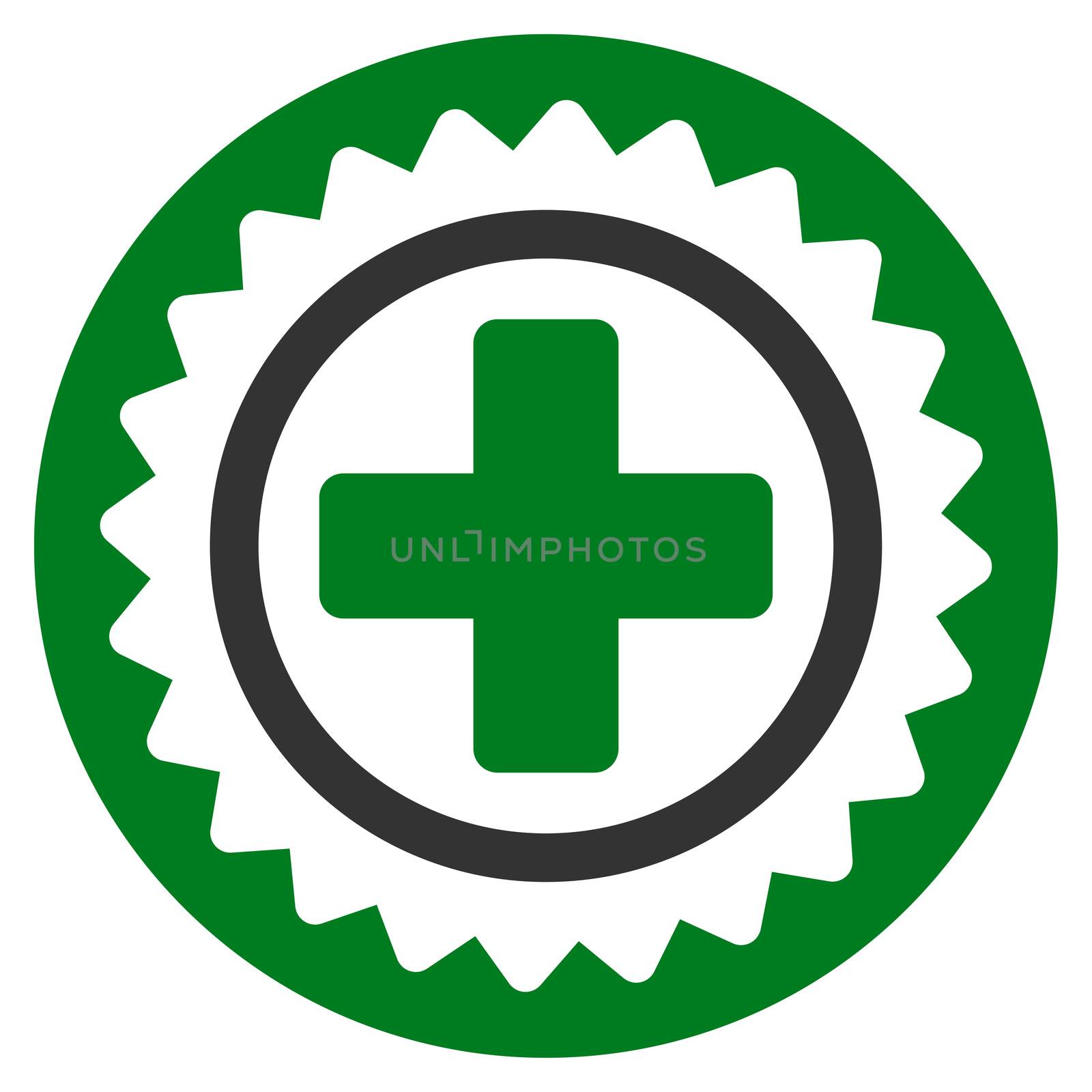 Medical Stamp raster icon. Style is bicolor flat symbol, green and gray colors, rounded angles, white background.