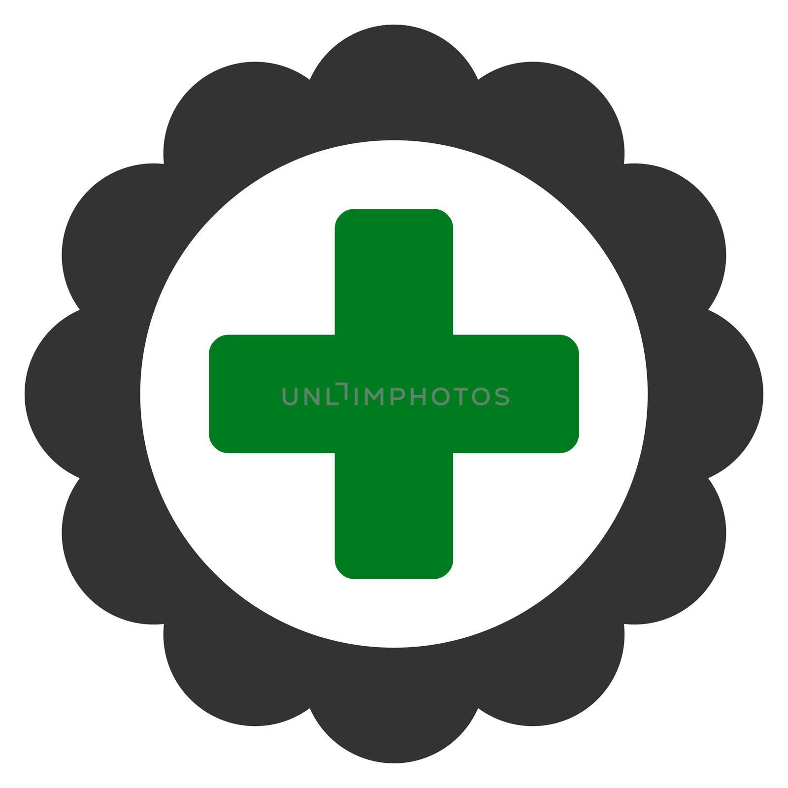 Medical Sticker raster icon. Style is bicolor flat symbol, green and gray colors, rounded angles, white background.