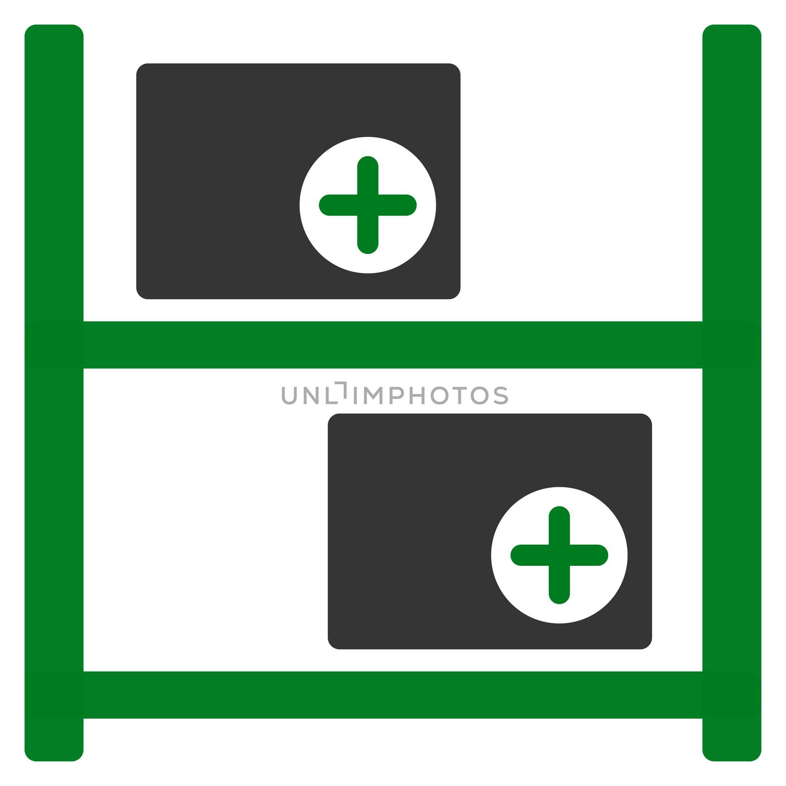 Medical Warehouse raster icon. Style is bicolor flat symbol, green and gray colors, rounded angles, white background.