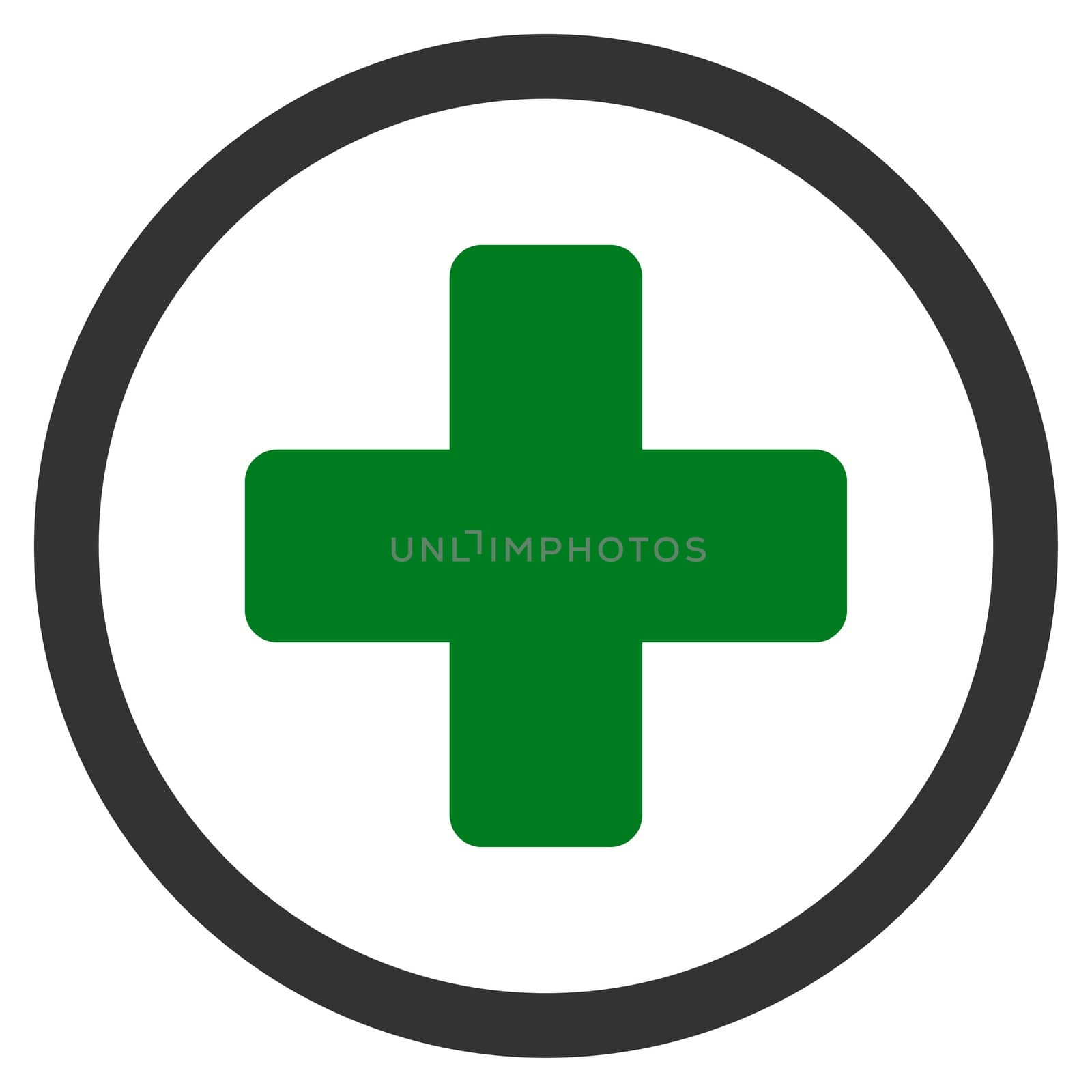 Rounded Plus raster icon. Style is bicolor flat symbol, green and gray colors, rounded angles, white background.