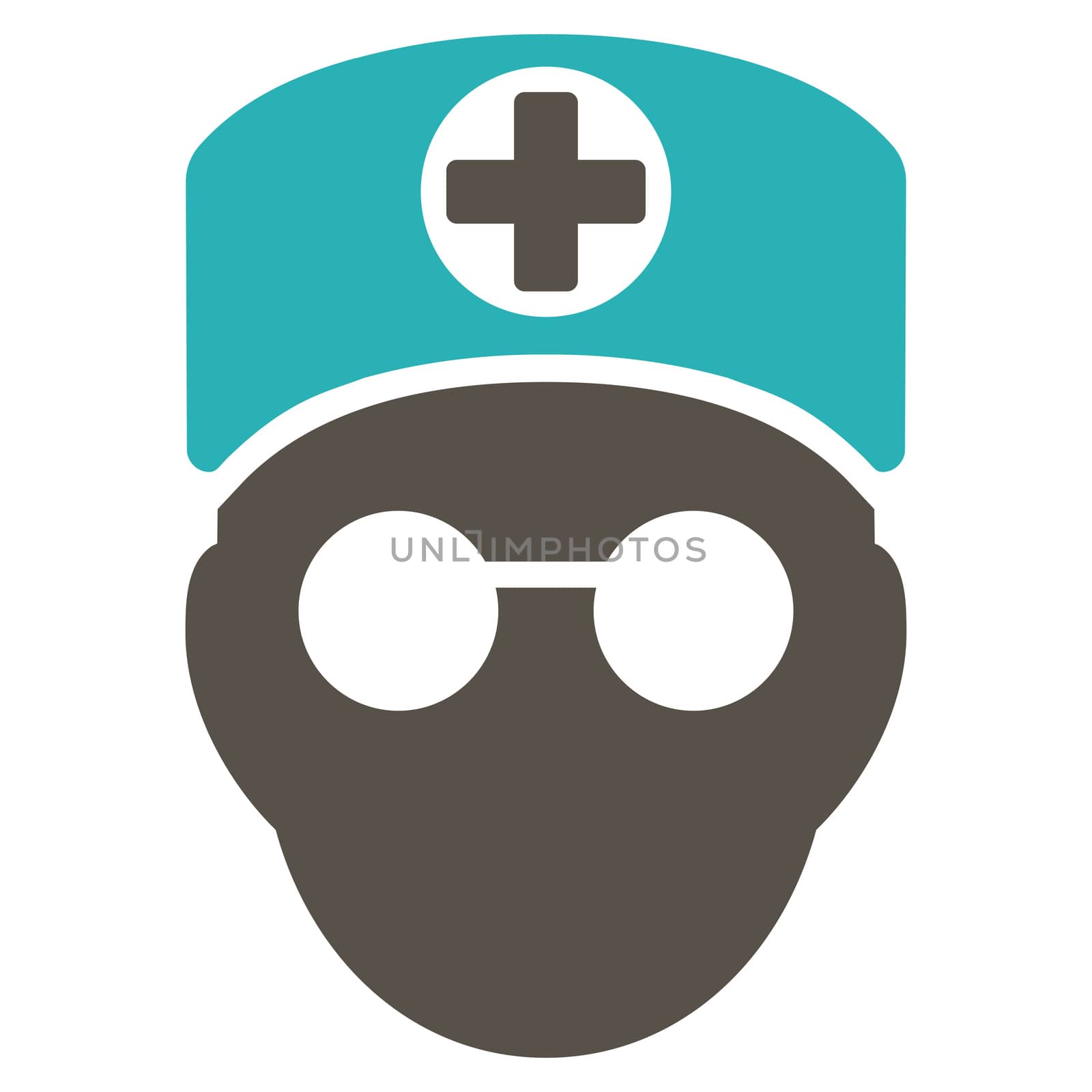 Doctor Head raster icon. Style is bicolor flat symbol, grey and cyan colors, rounded angles, white background.
