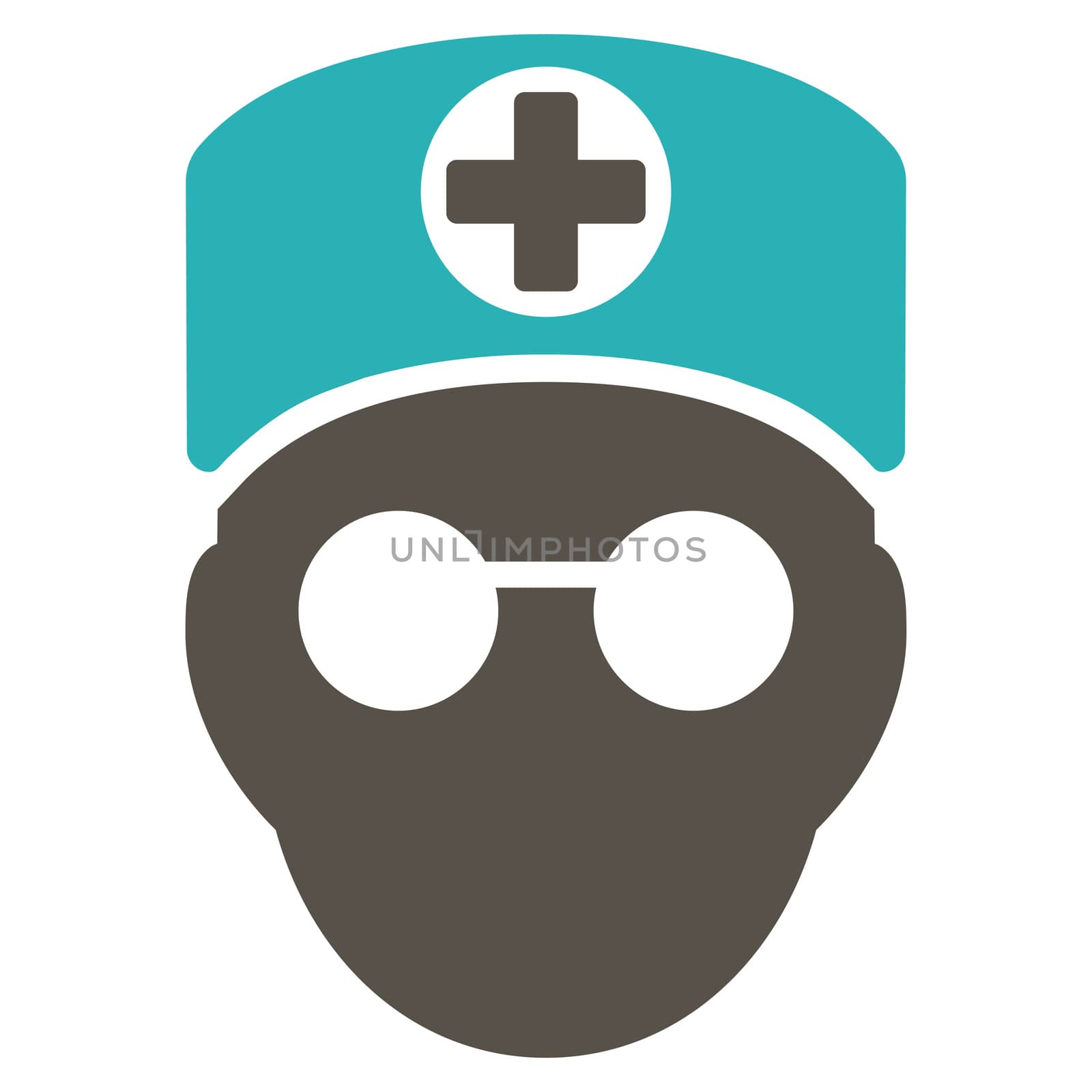 Doctor Head raster icon. Style is bicolor flat symbol, grey and cyan colors, rounded angles, white background.