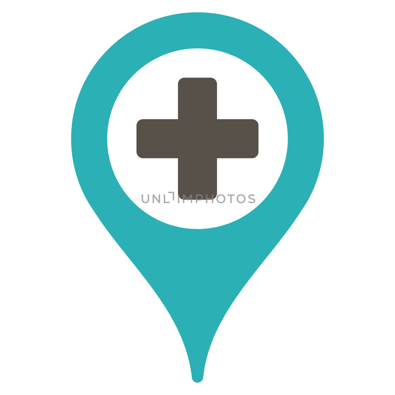 Hospital Map Pointer raster icon. Style is bicolor flat symbol, grey and cyan colors, rounded angles, white background.