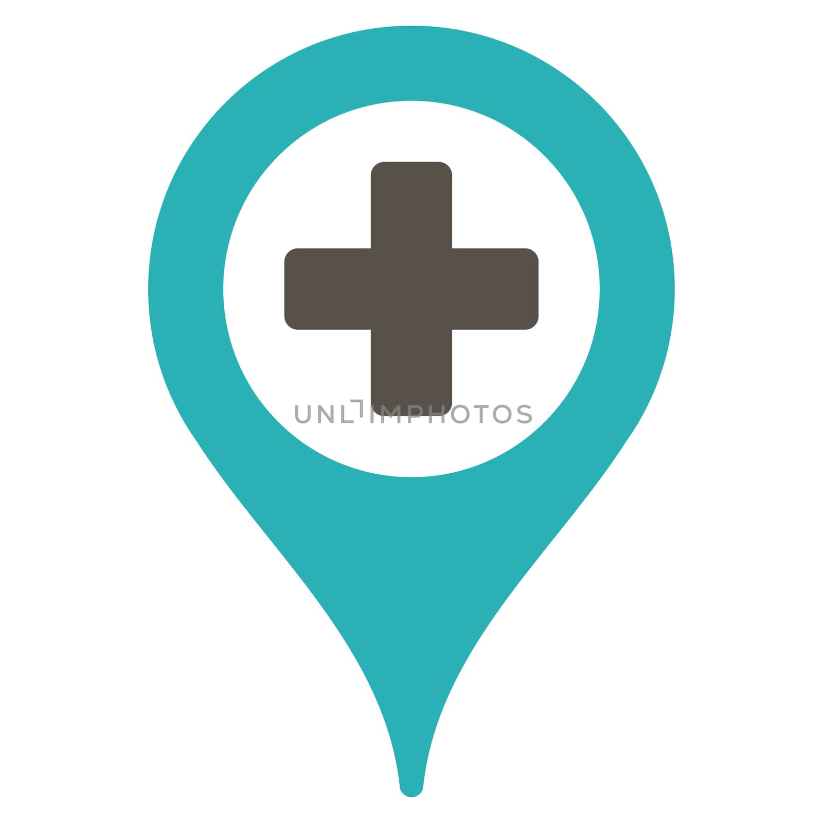 Hospital Map Pointer raster icon. Style is bicolor flat symbol, grey and cyan colors, rounded angles, white background.