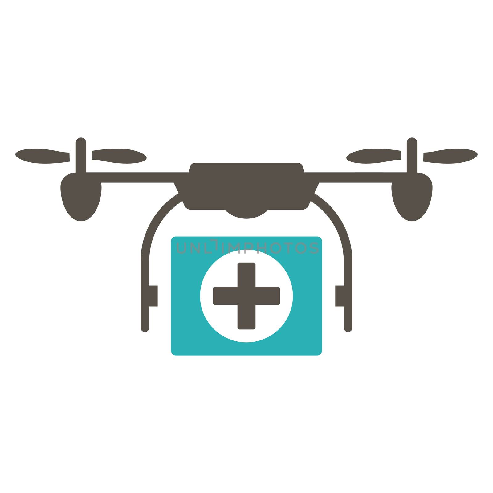 Medical Drone raster icon. Style is bicolor flat symbol, grey and cyan colors, rounded angles, white background.