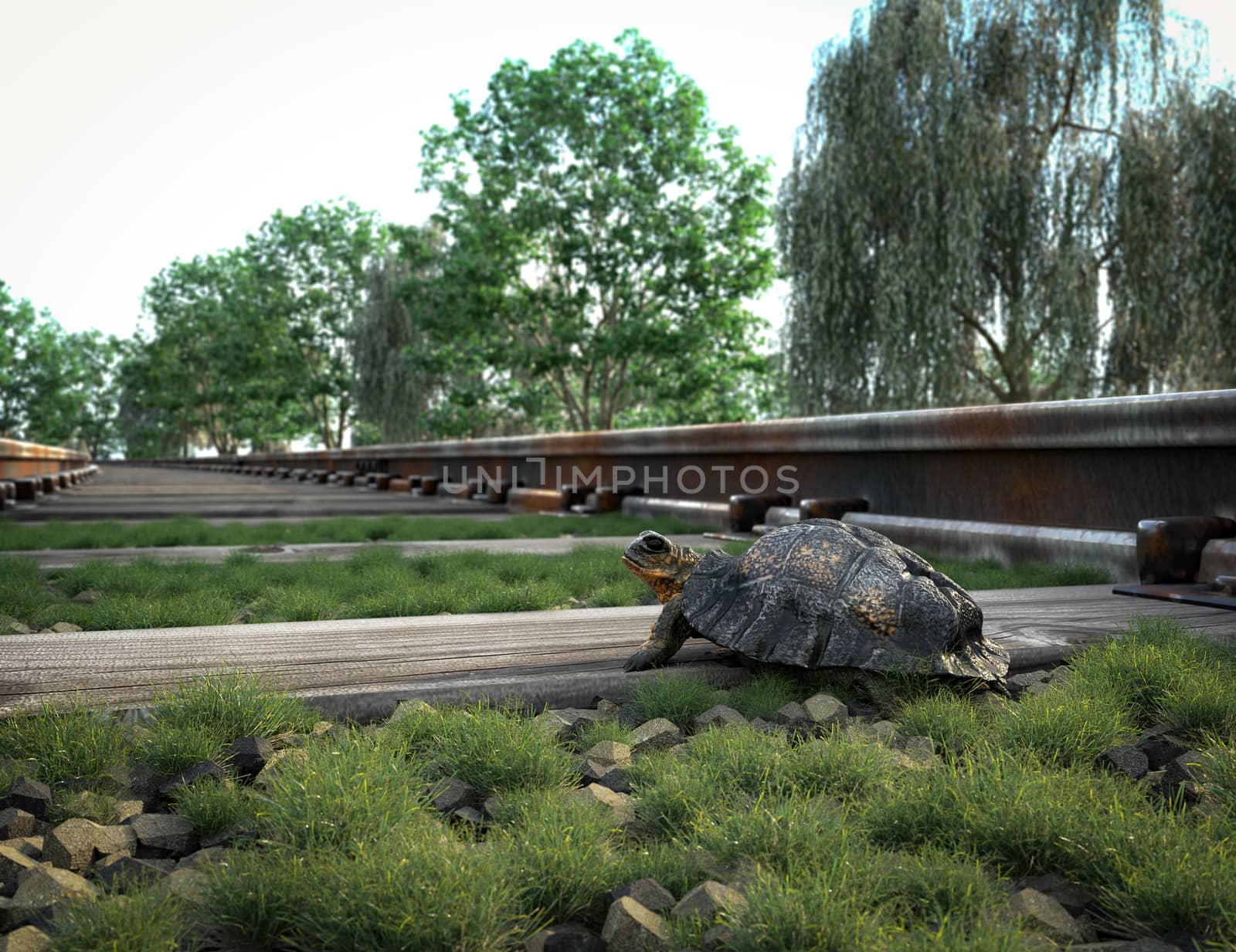 Railway track crossing rural landscape and turtle. Travel concept by denisgo