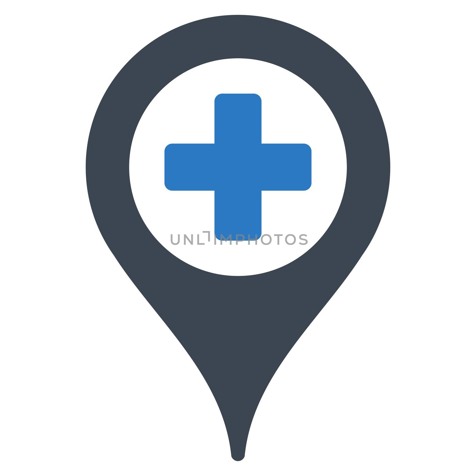 Clinic Pointer raster icon. Style is bicolor flat symbol, smooth blue colors, rounded angles, white background.