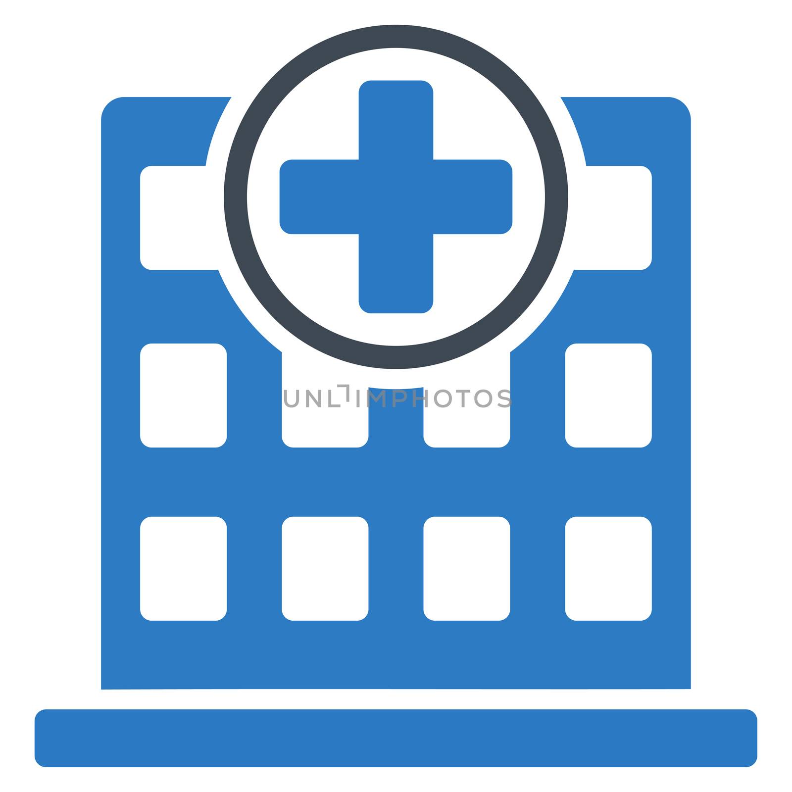 Clinic Building raster icon. Style is bicolor flat symbol, smooth blue colors, rounded angles, white background.