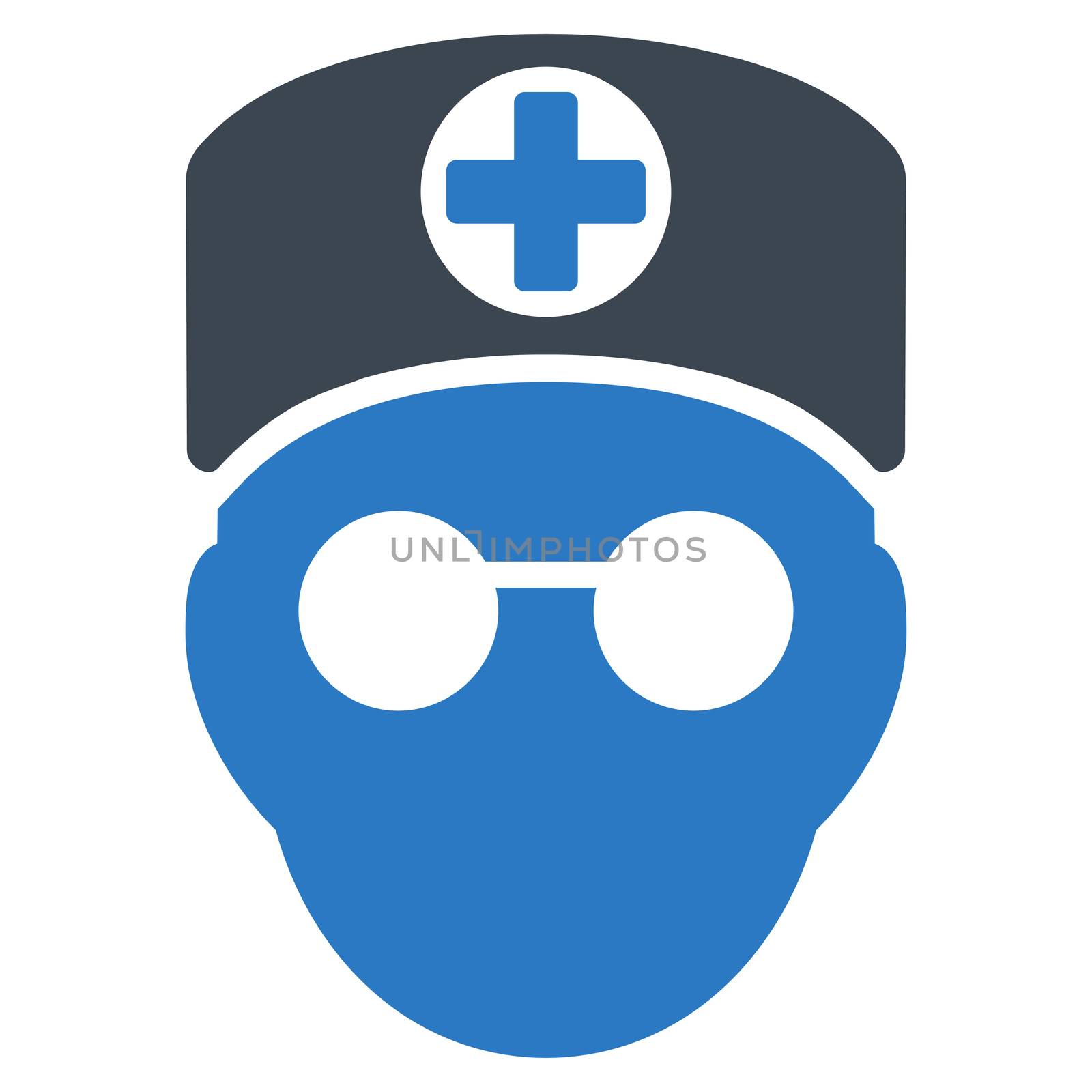 Doctor Head raster icon. Style is bicolor flat symbol, smooth blue colors, rounded angles, white background.