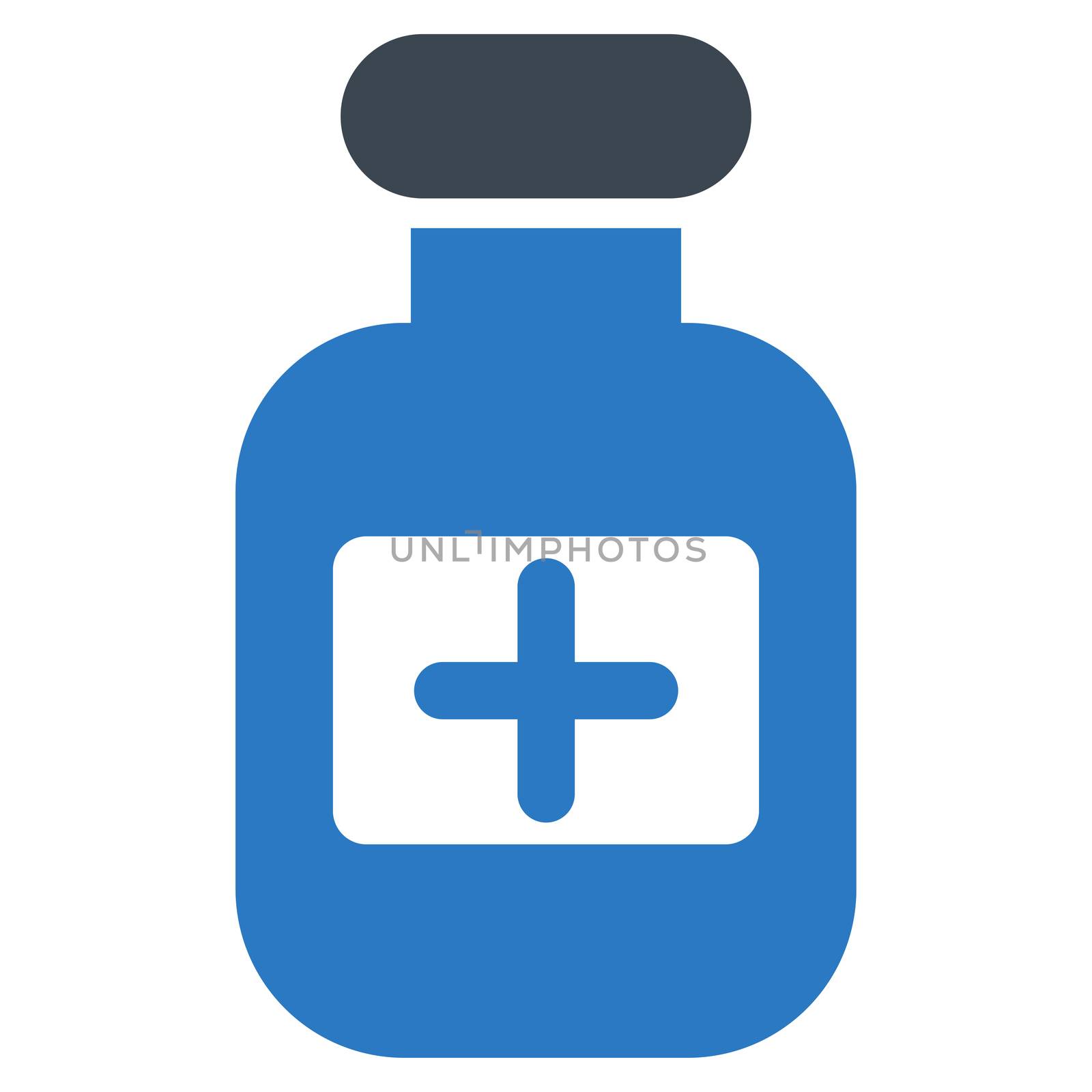 Drugs Bottle raster icon. Style is bicolor flat symbol, smooth blue colors, rounded angles, white background.
