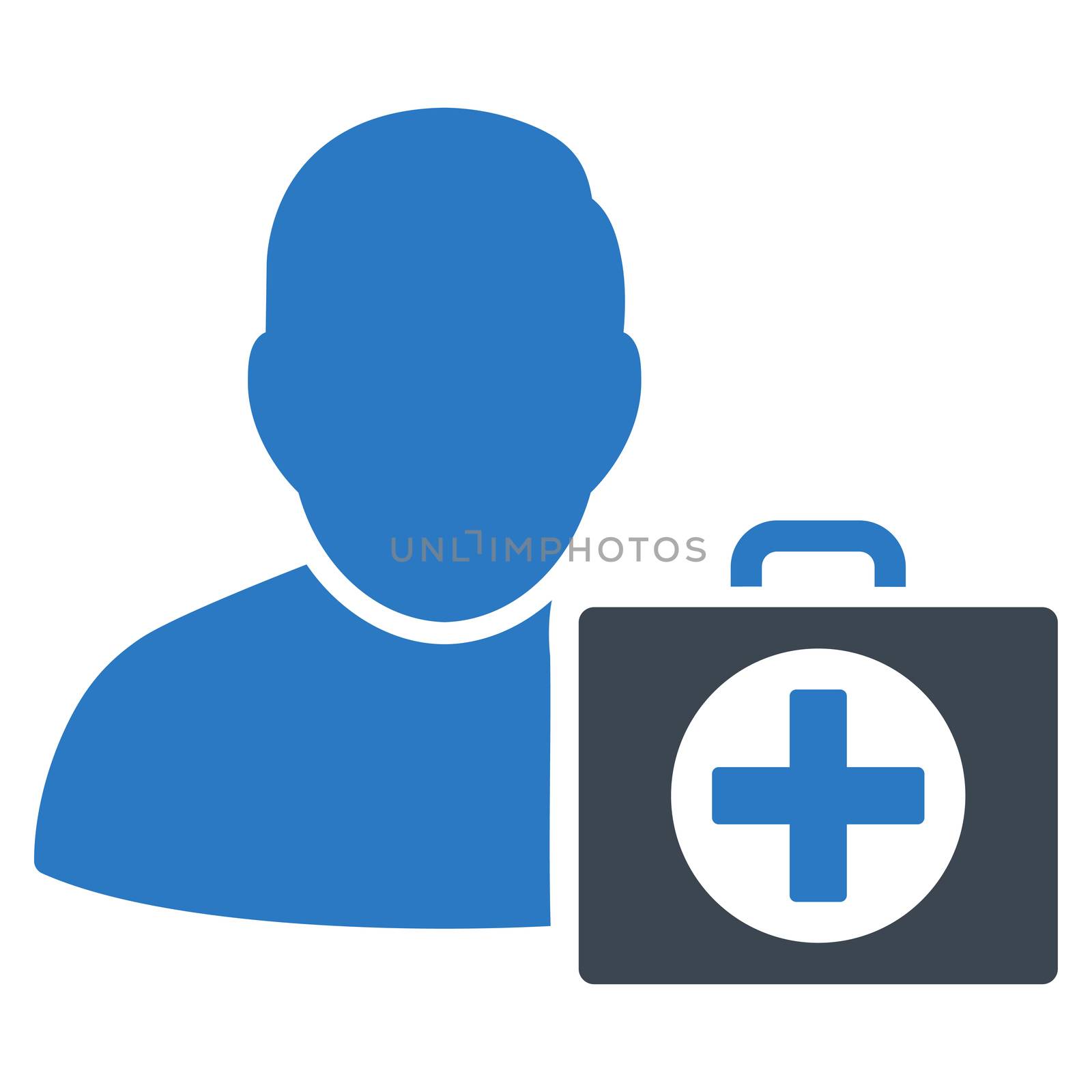First Aid Man raster icon. Style is bicolor flat symbol, smooth blue colors, rounded angles, white background.