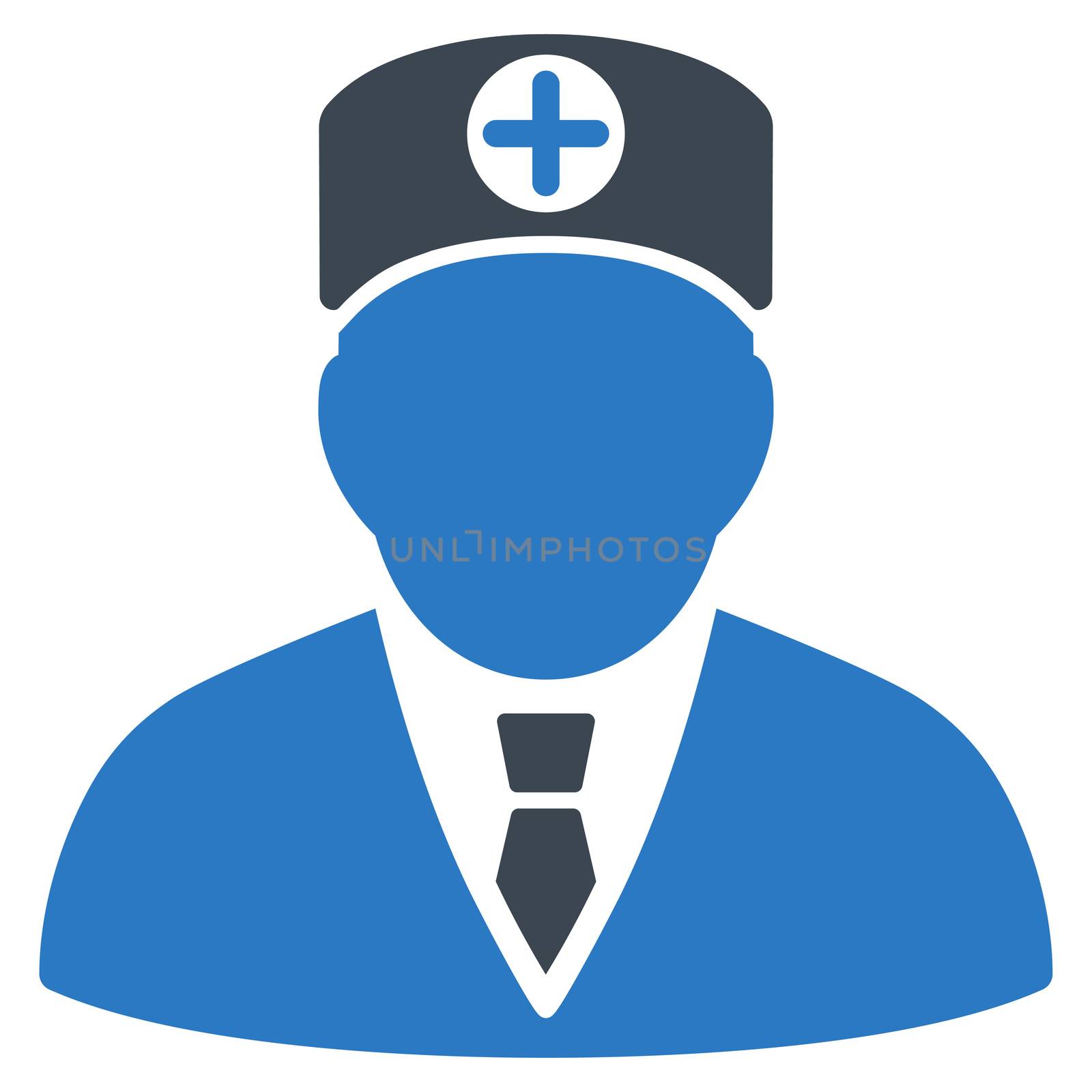 Head Physician raster icon. Style is bicolor flat symbol, smooth blue colors, rounded angles, white background.