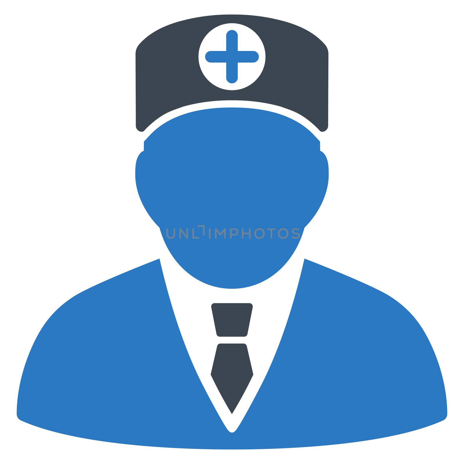 Head Physician raster icon. Style is bicolor flat symbol, smooth blue colors, rounded angles, white background.