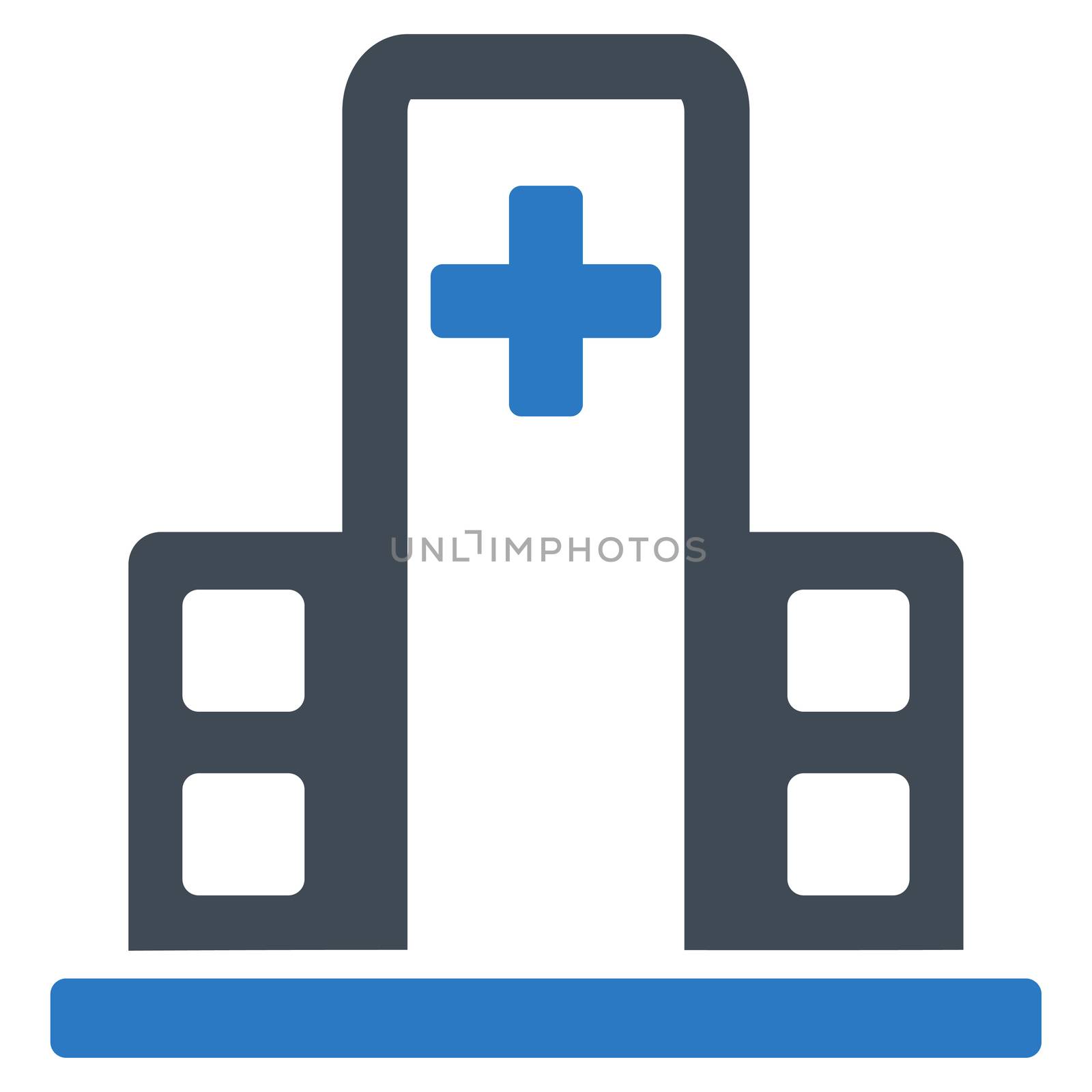 Hospital Building raster icon. Style is bicolor flat symbol, smooth blue colors, rounded angles, white background.