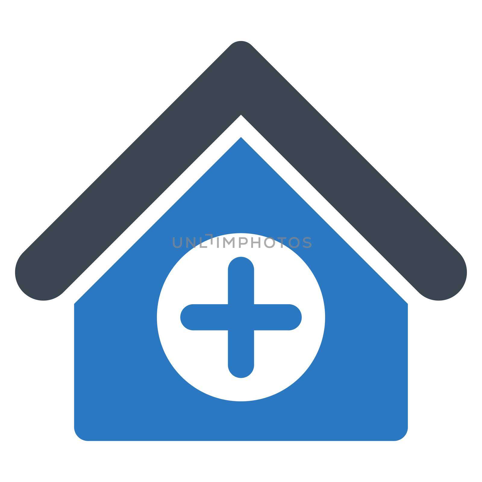 Hospital raster icon. Style is bicolor flat symbol, smooth blue colors, rounded angles, white background.