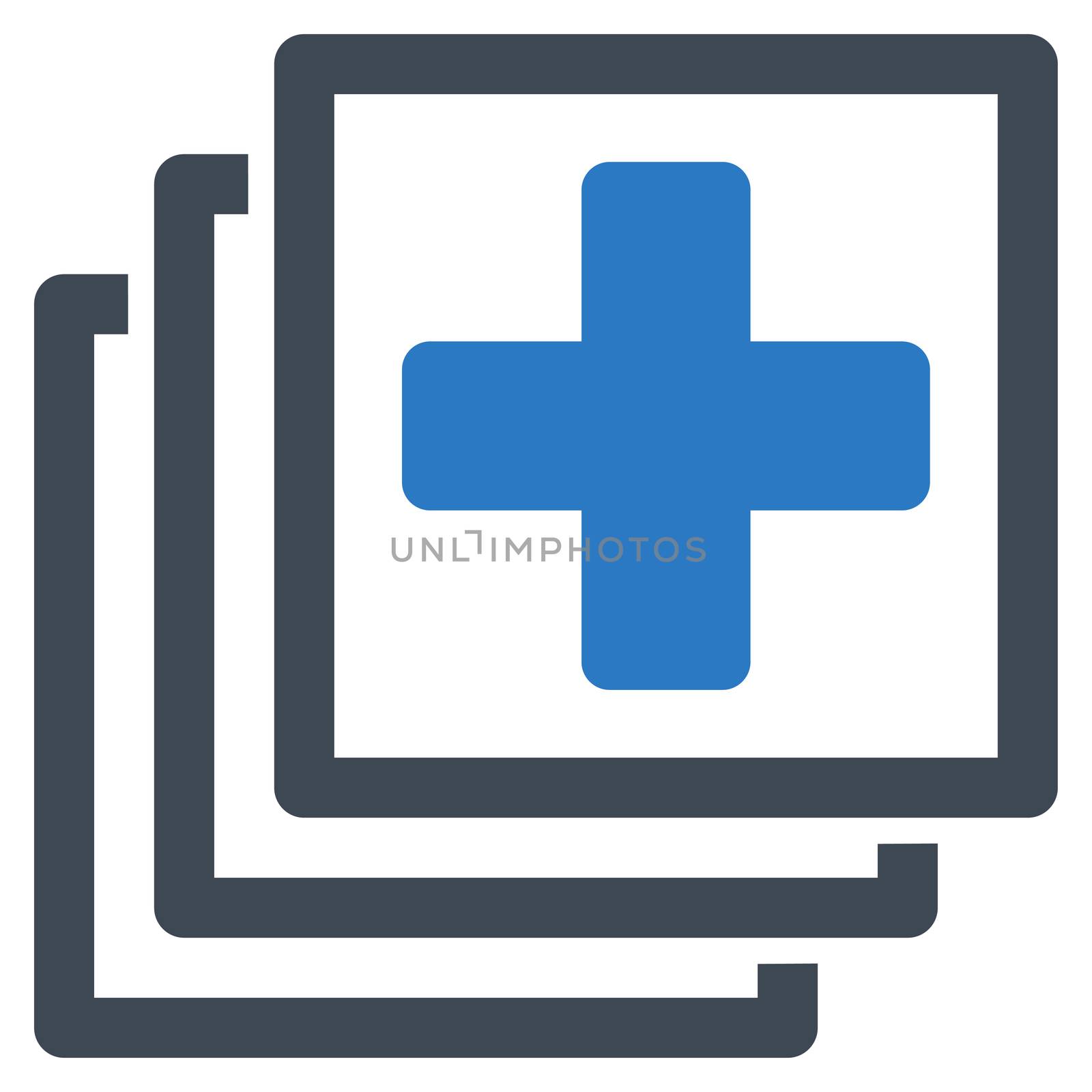 Medical Docs raster icon. Style is bicolor flat symbol, smooth blue colors, rounded angles, white background.