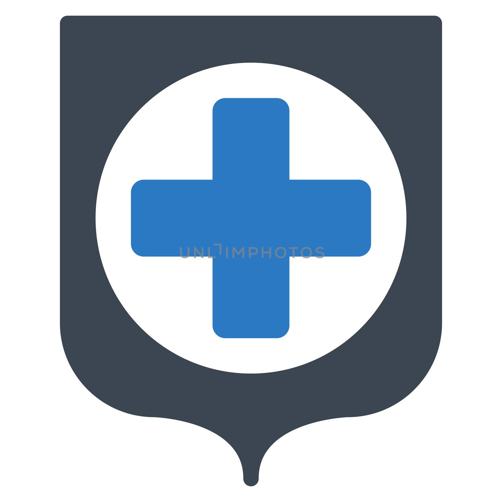 Medical Shield raster icon. Style is bicolor flat symbol, smooth blue colors, rounded angles, white background.