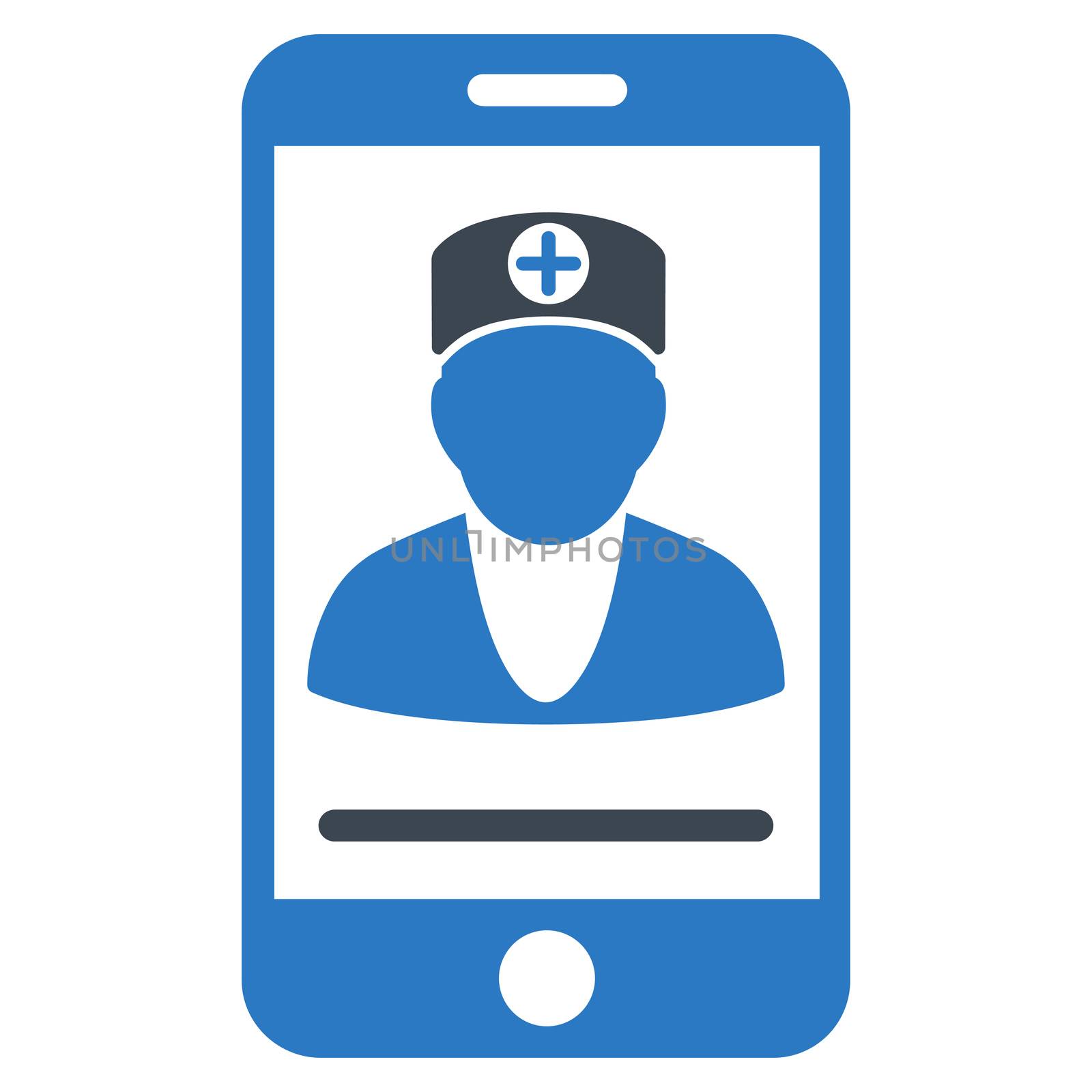 Online Doctor raster icon. Style is bicolor flat symbol, smooth blue colors, rounded angles, white background.