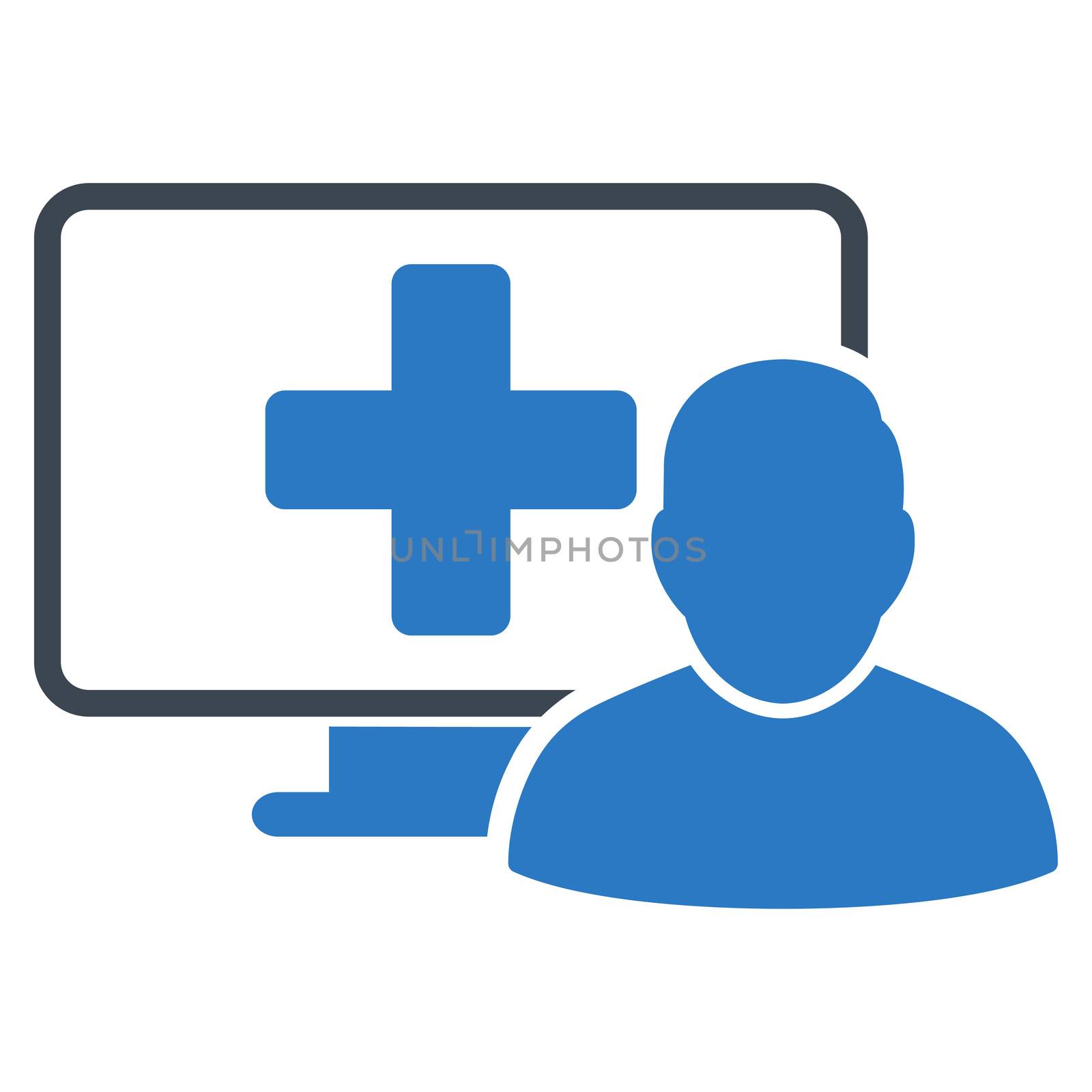 Online Medicine raster icon. Style is bicolor flat symbol, smooth blue colors, rounded angles, white background.