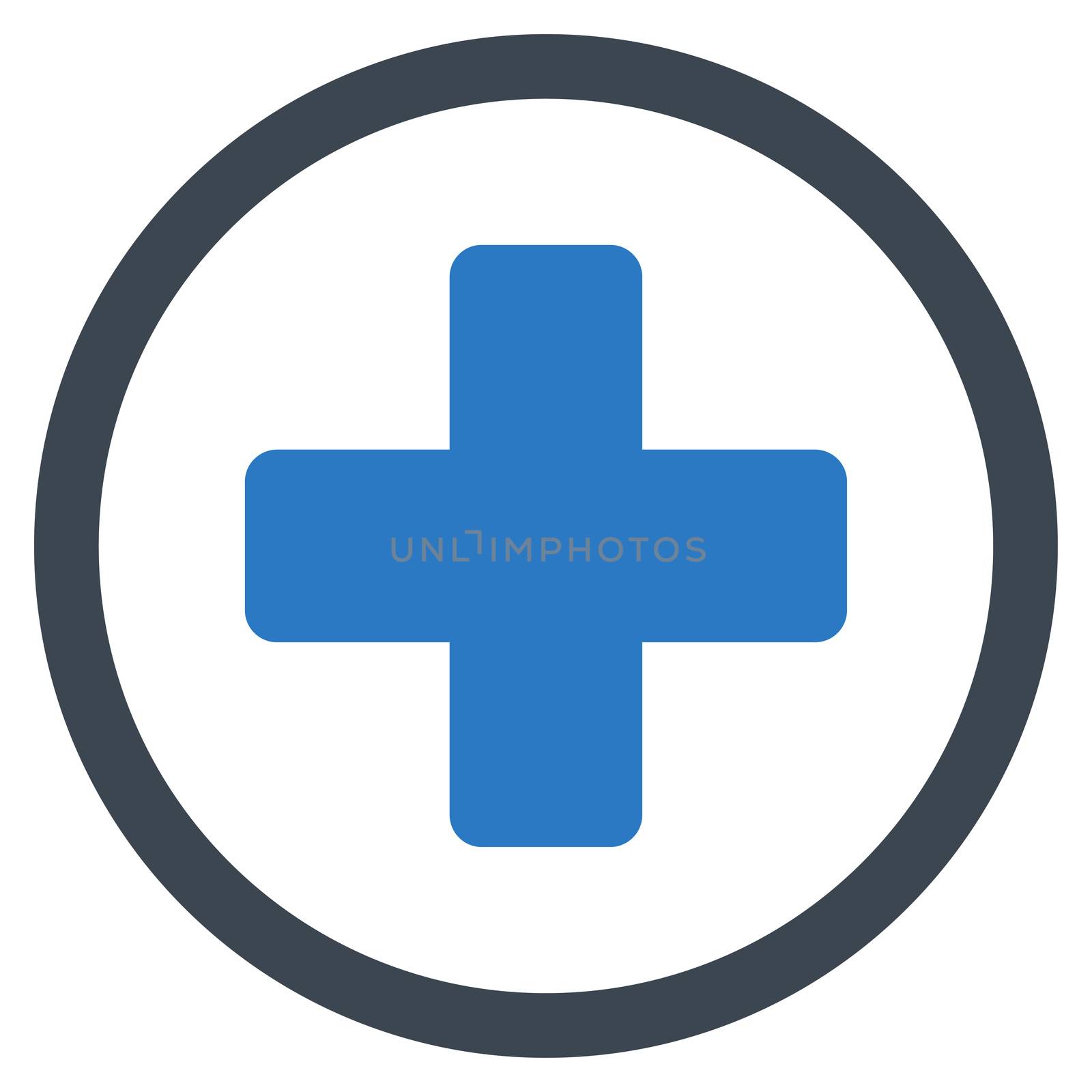 Rounded Plus raster icon. Style is bicolor flat symbol, smooth blue colors, rounded angles, white background.