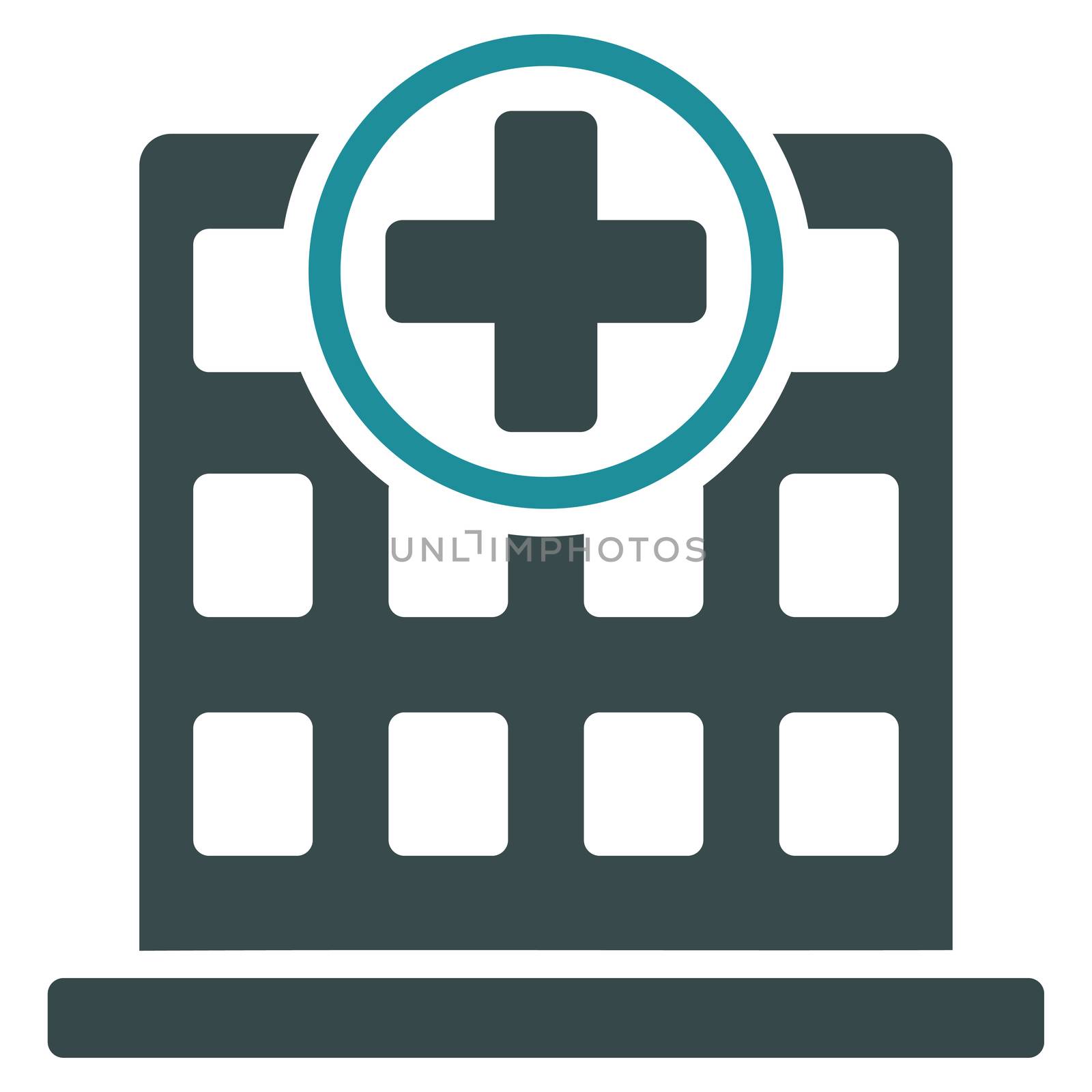 Clinic Building raster icon. Style is bicolor flat symbol, soft blue colors, rounded angles, white background.