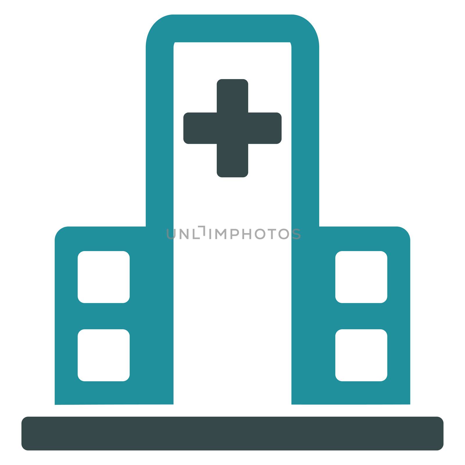Hospital Building raster icon. Style is bicolor flat symbol, soft blue colors, rounded angles, white background.