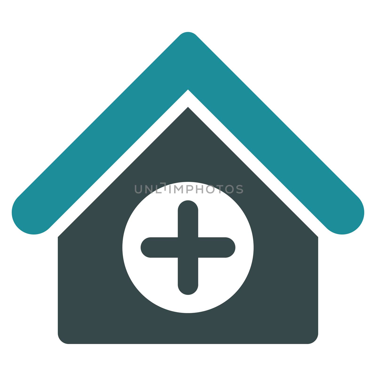 Hospital raster icon. Style is bicolor flat symbol, soft blue colors, rounded angles, white background.