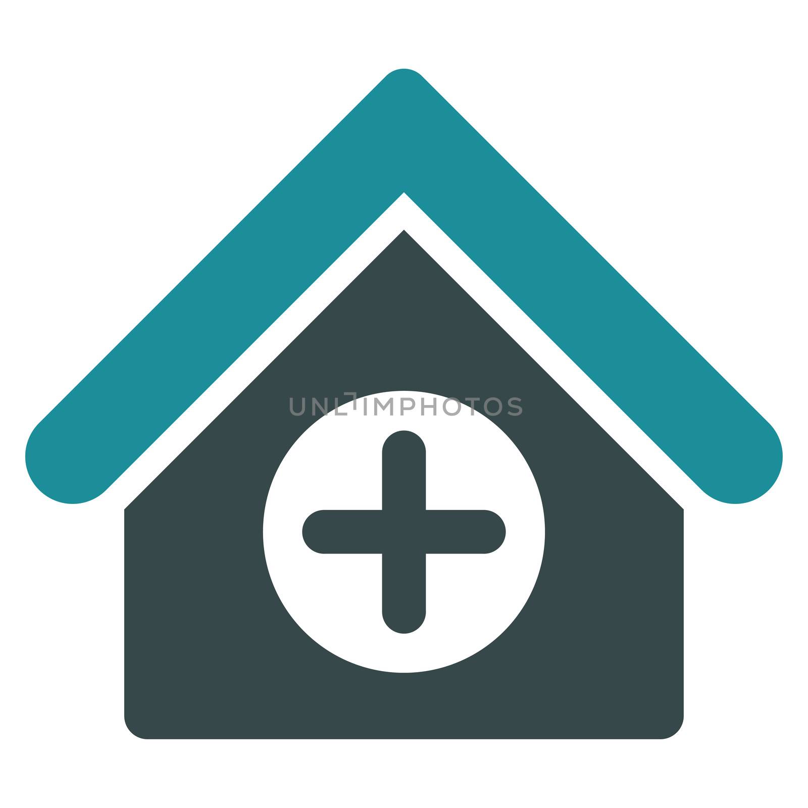 Hospital raster icon. Style is bicolor flat symbol, soft blue colors, rounded angles, white background.